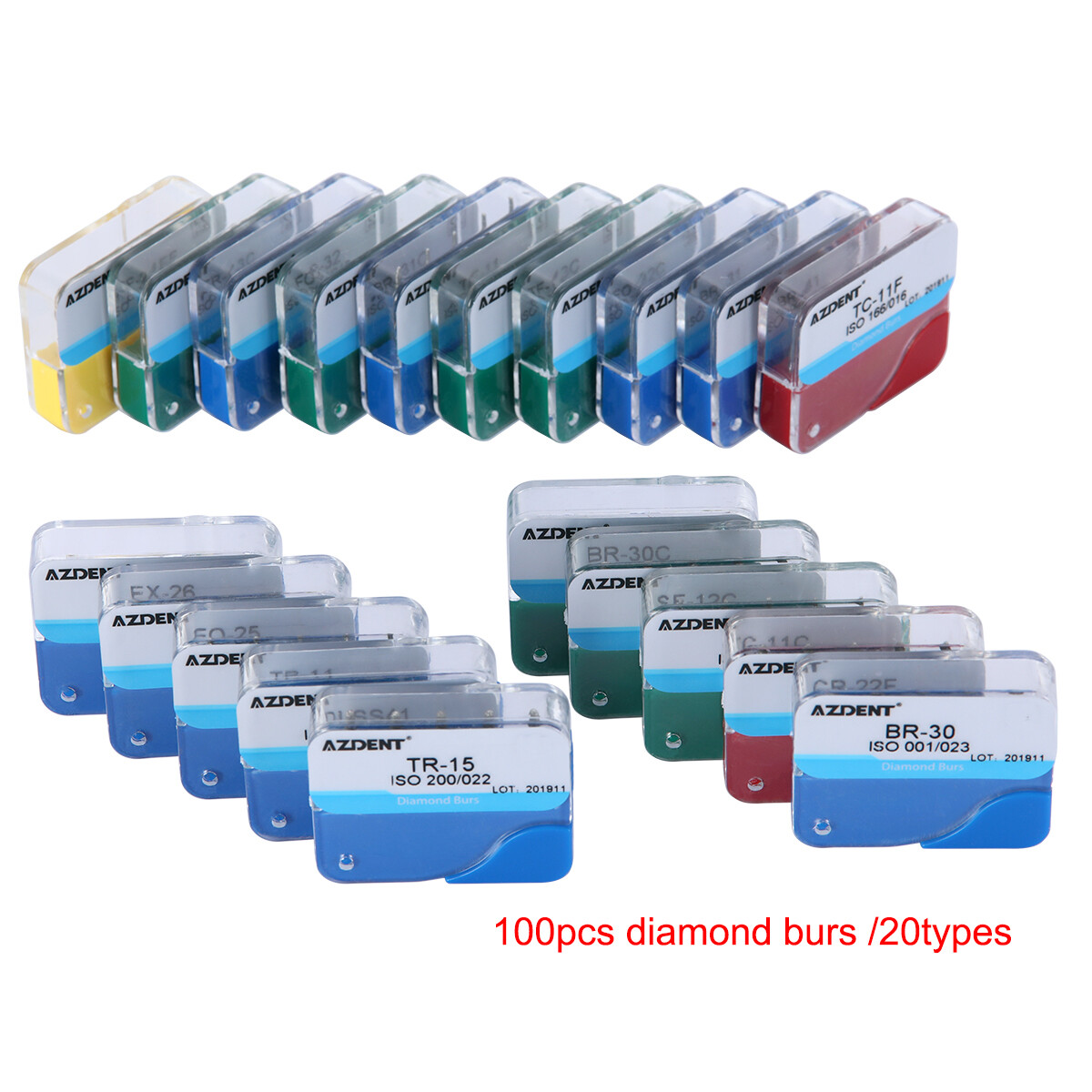 100Pcs AZDENT Dental Diamond Burs High Speed Handpiece Friction Grip 20Type