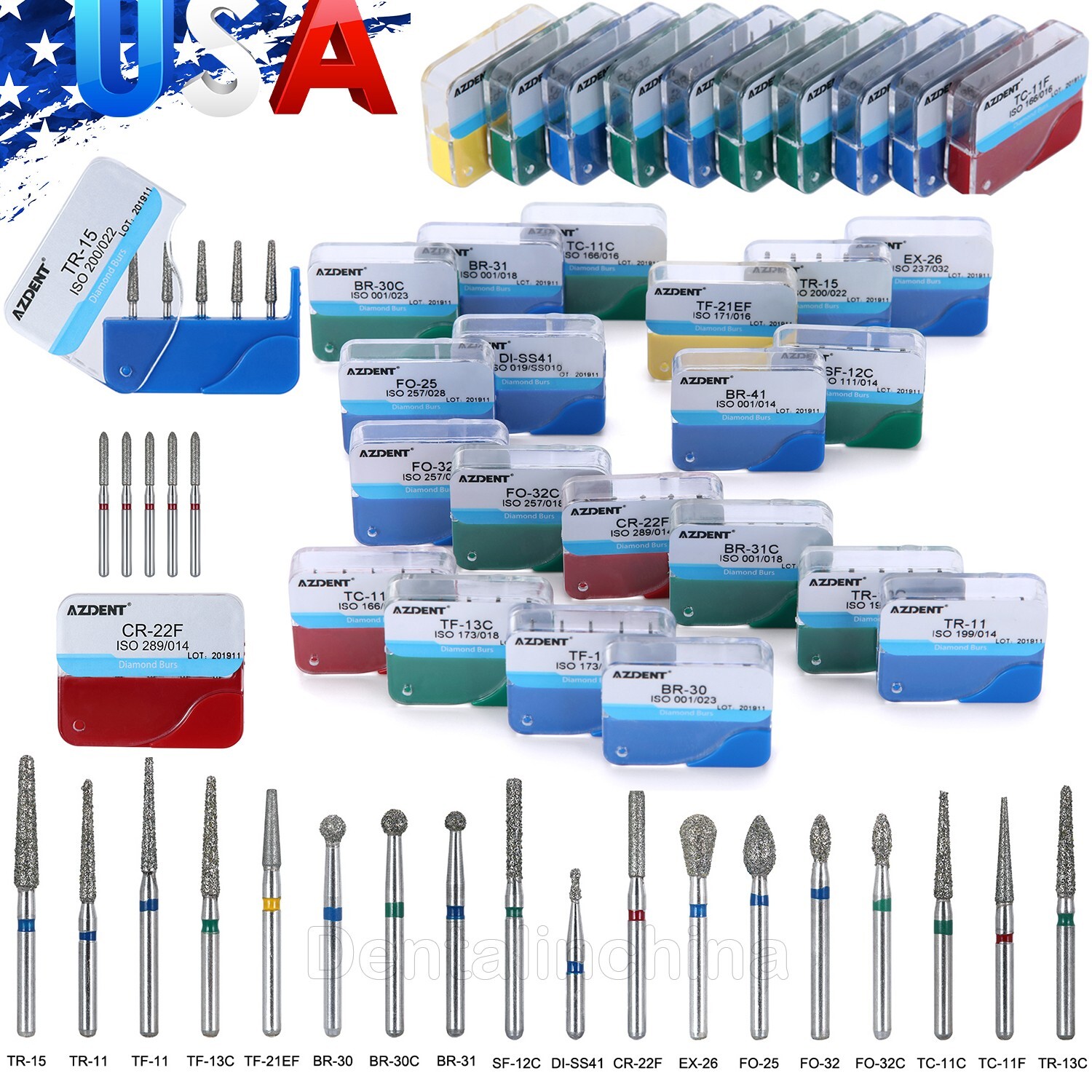 100pcs AZDENT Dental Lab Diamond FG Burs Drill For High Speed Handpiece 1.6mm