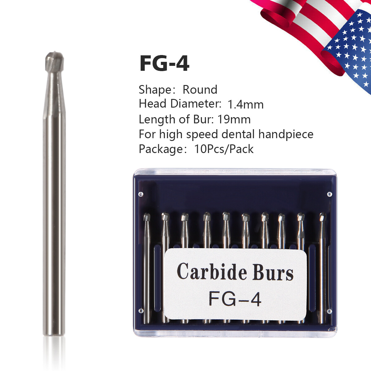 10-100Dental Round Carbide Steel Drills Burs FG-04 Bur for High Speed Handpiece