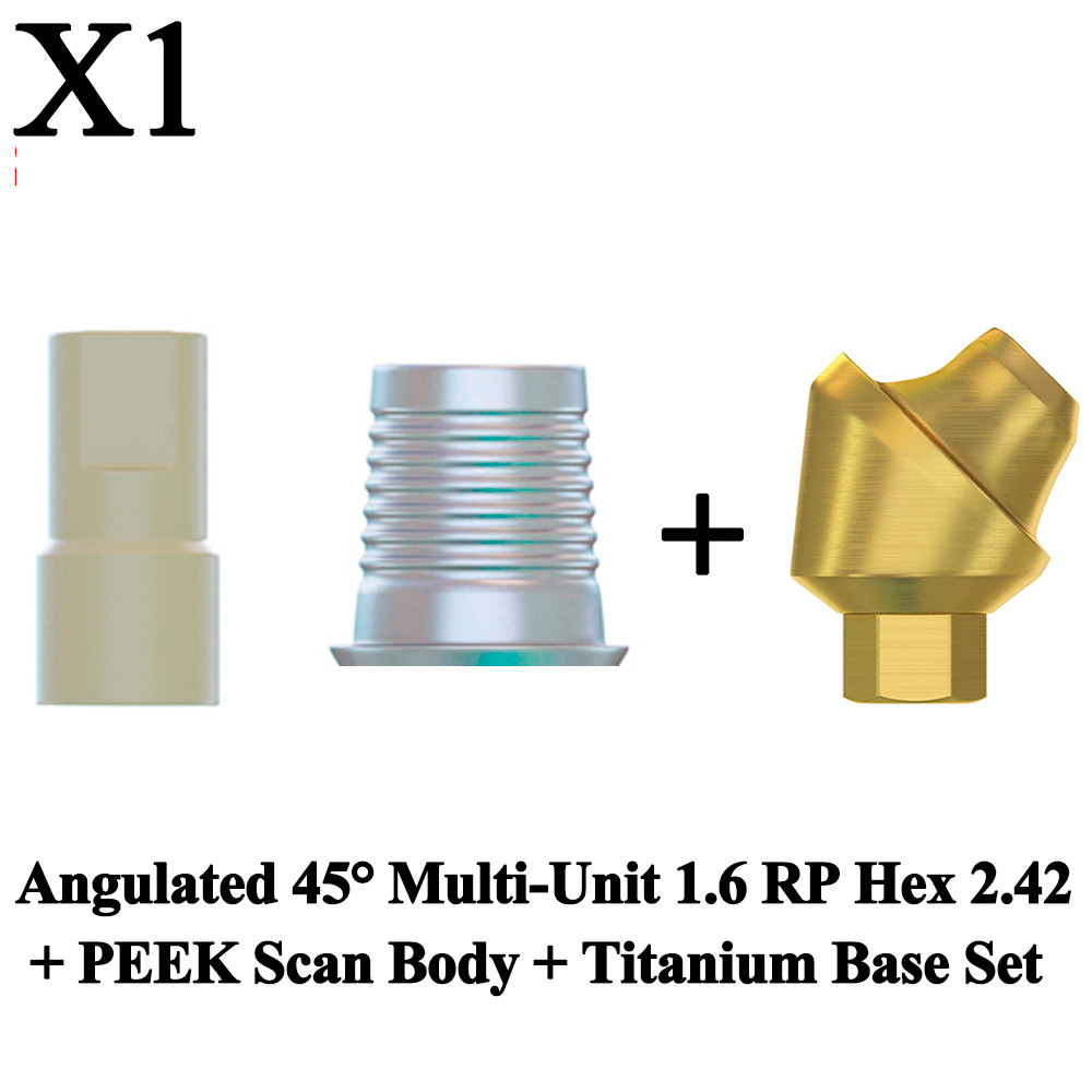 1x Set Angulated 45° Multi-Unit 1.6 RP Int Hex 2.42 PEEK Scan Body Titanium Base
