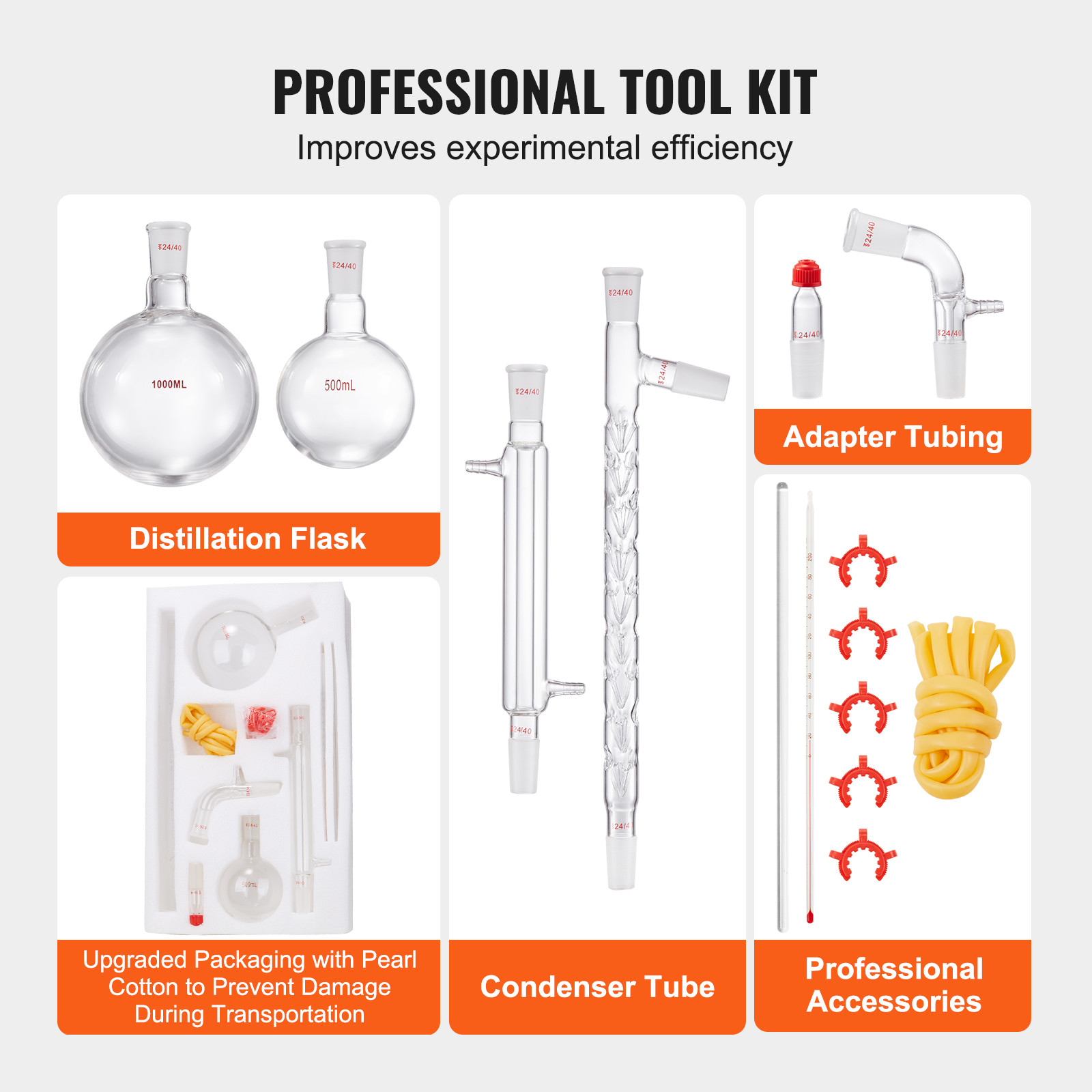 VEVOR Lab Glassware Distillation Kit 1000ml 3.3 Boro 14 pcs Glassware Equipment