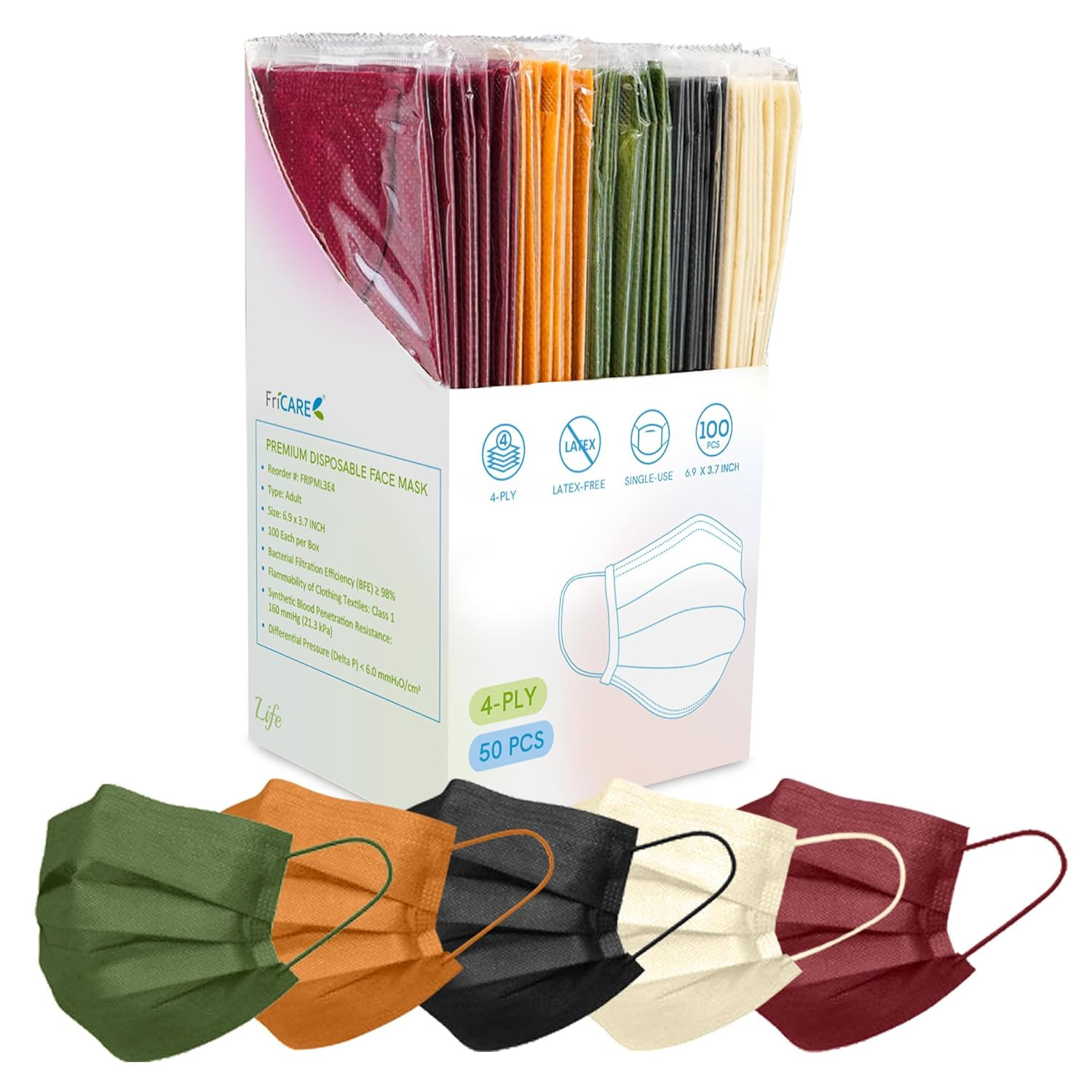 Fricare Face Masks Disposable for Adults, 4 Ply ASTM Level 3, Individually Wrapp