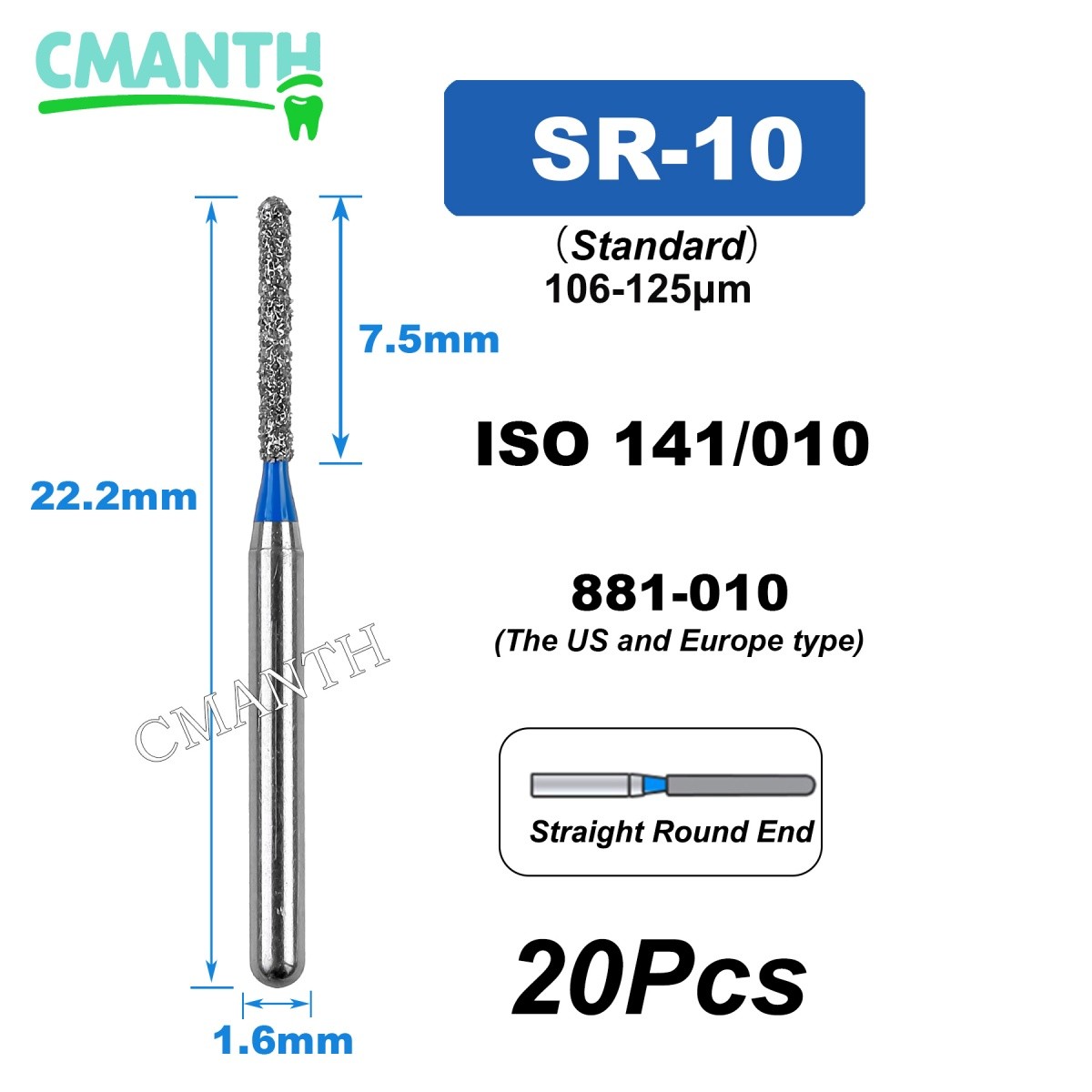 US SR Type Dental Diamond Burs FG High Speed Polishing Burs Tools 1.6mm 20Pcs