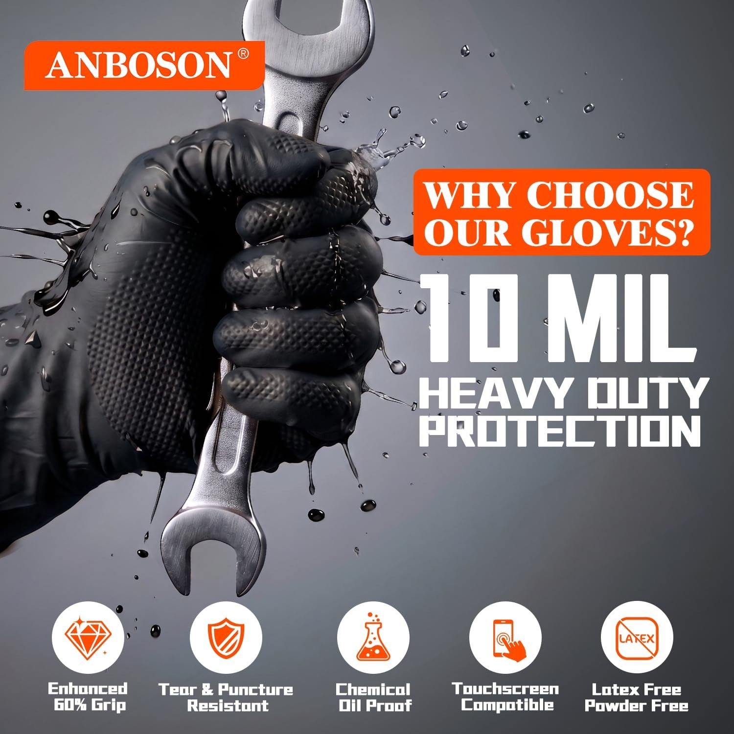 ANBOSON Nitrile Gloves XL 10 Mil Powder-Free Latex-Free Lab Use 100 Ct