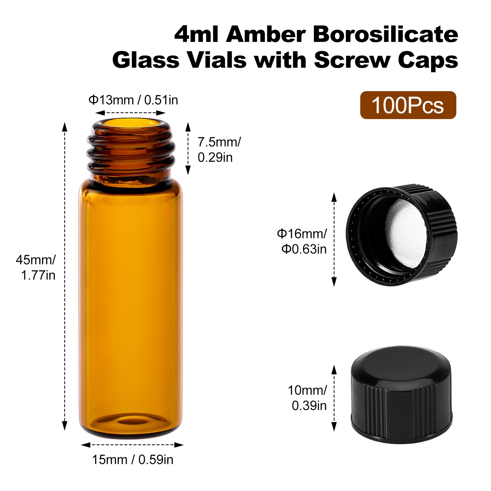 100 Pack 4ml Sample Vials 1 Dram Amber Glass Vials with Black PP Screw Caps US