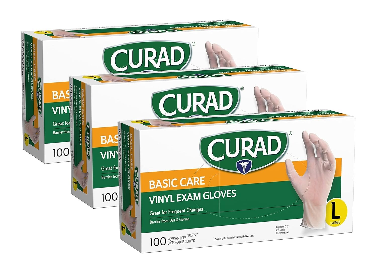 Curad Basic Care 3G Stretch Vinyl Exam Gloves Powder free 600 count, 3 M + 3 L