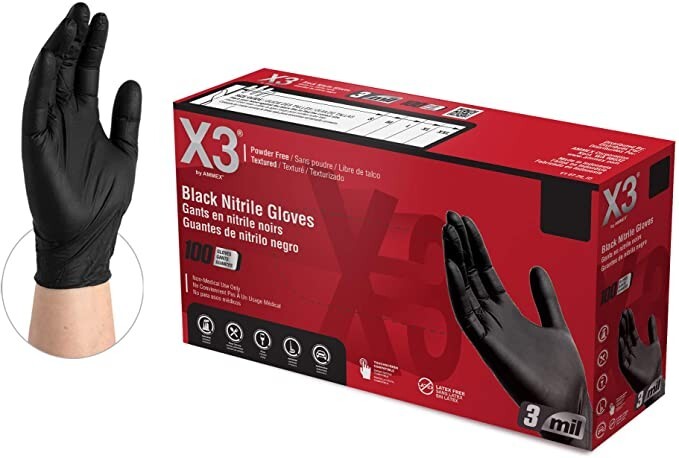 AMMEX X3 Nitrile Gloves, 3 Boxes of 100 – Black, Size M, L and XL