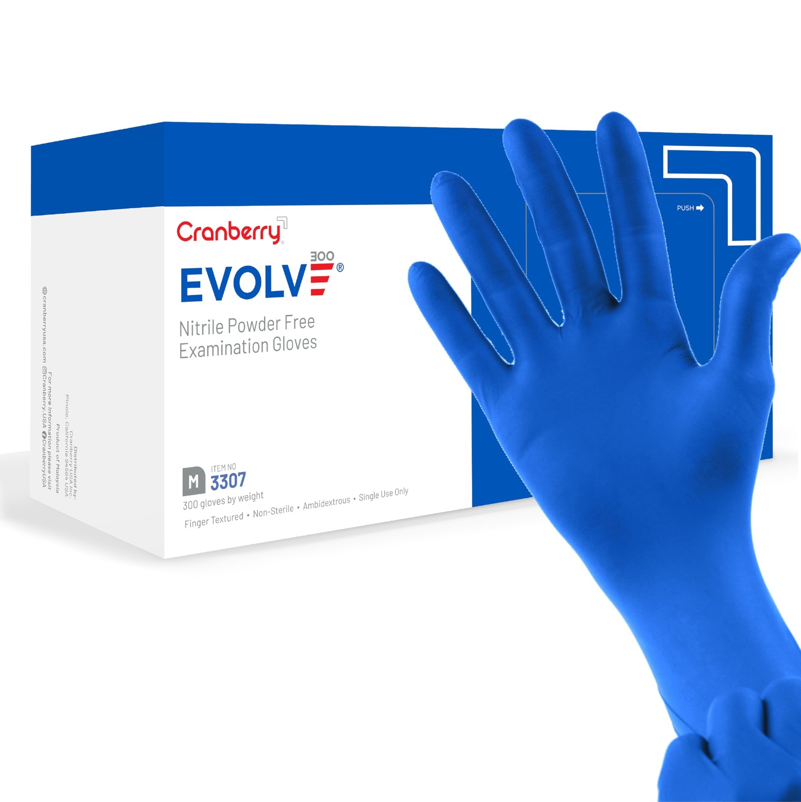 Cranberry USA Evolve Nitrile Powder Free Exam Gloves, 2.0 mil, Medium, 300 Co…