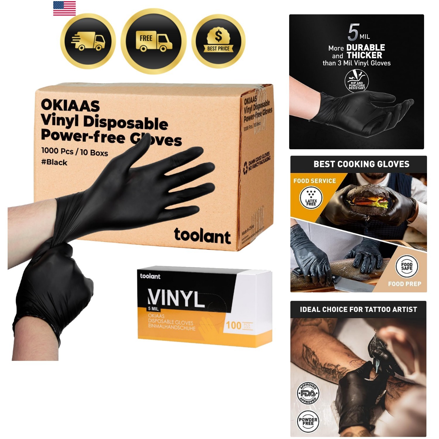 Disposable Gloves Vinyl Food Grade Black Pink 5 Mil Latex Free 50 100 200 1000
