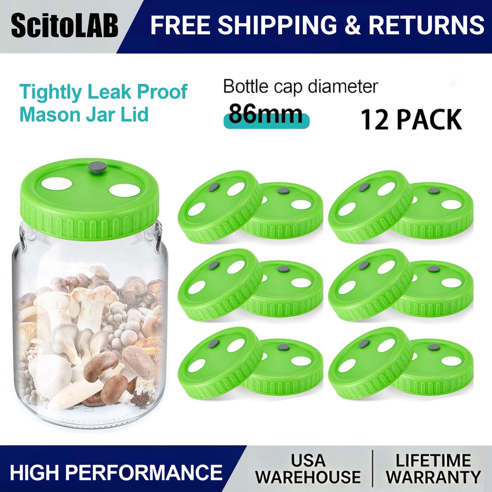 12 Liquid Culture Mason Jar Lids Wide Mouth for Mycology, 2 Injection Ports Each