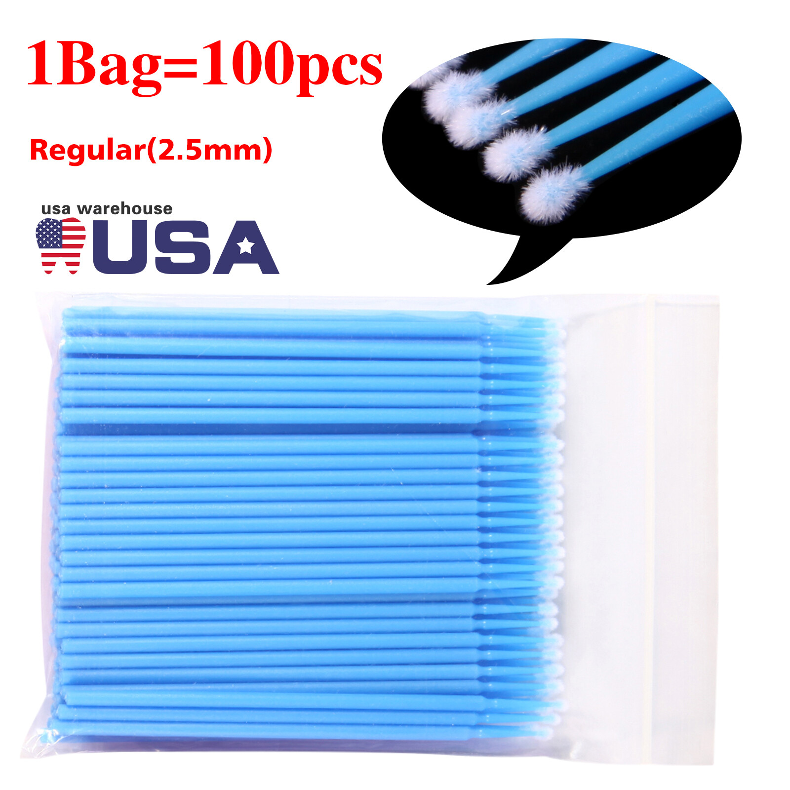 1-5 Micro Brushes Applicators Microbrush Dental Eye Regular 2.5mm Blue 100pcs/pk