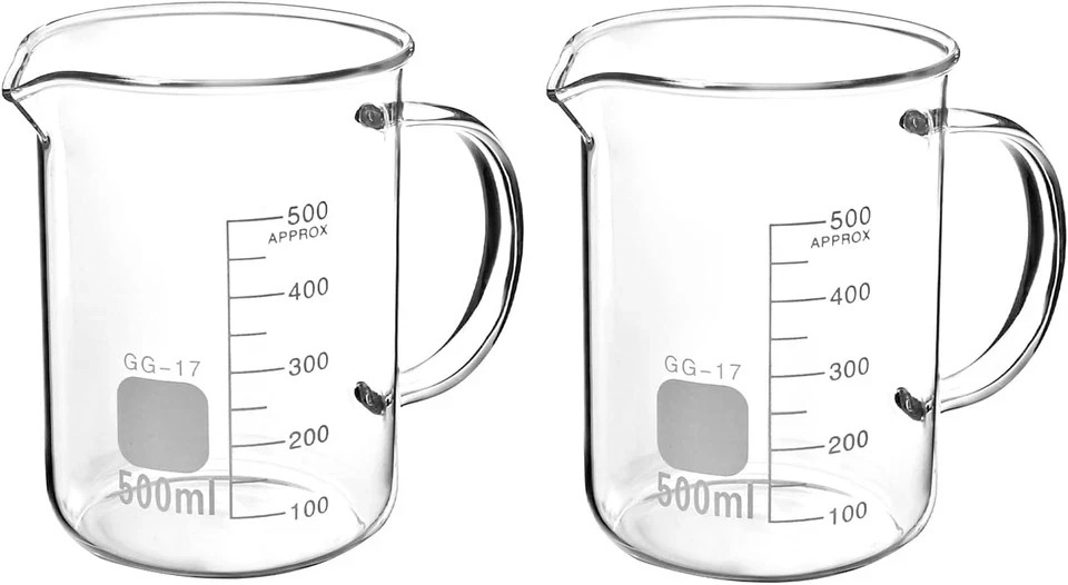 2 Pack 500ml Glass Beaker Mug with Handle Measuring Cup Lab Borosilicate Use Set