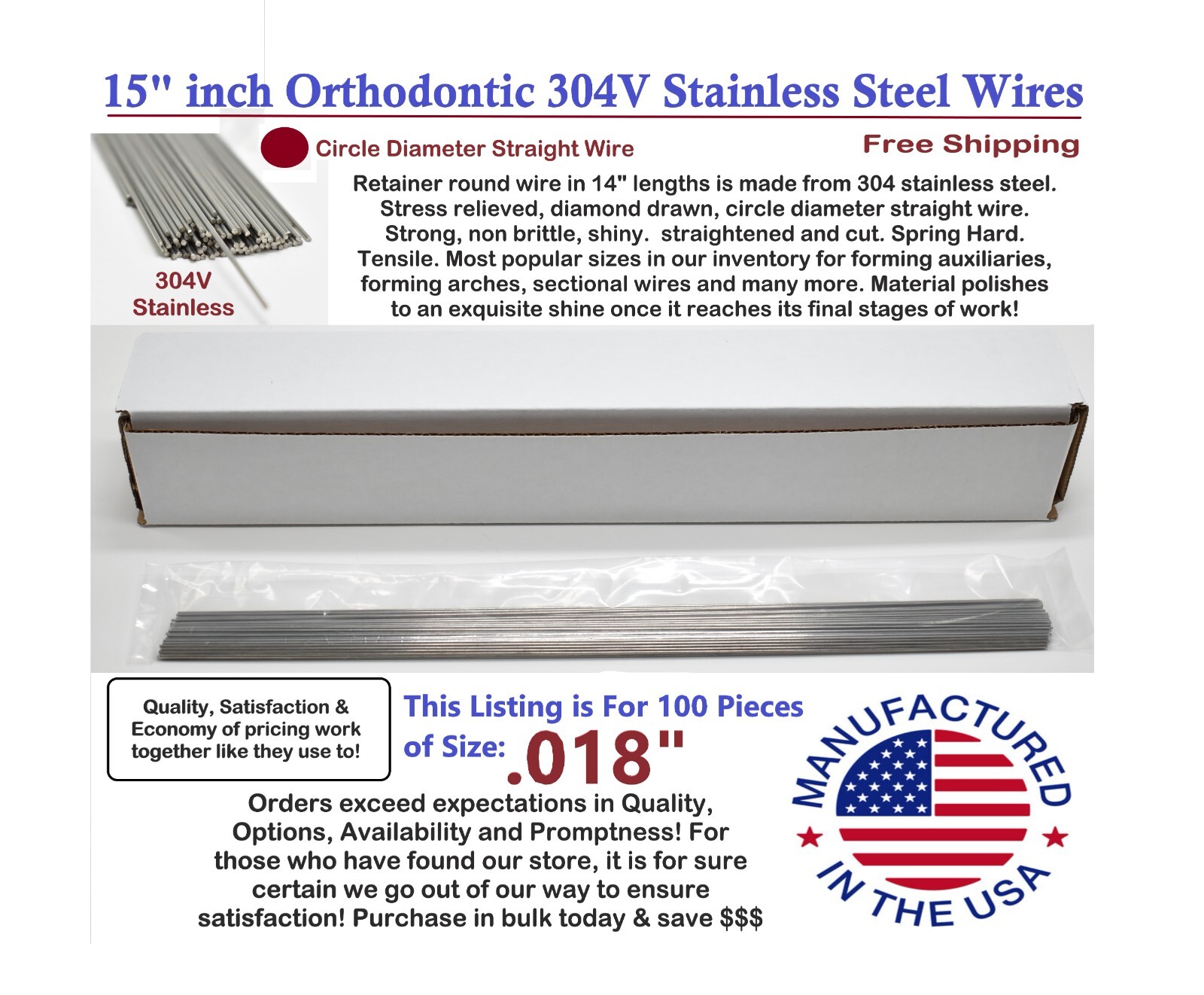 Orthodontic Stainless Steel Straight Lengths .018″ Wire SS 15” Lengths 100 Pack