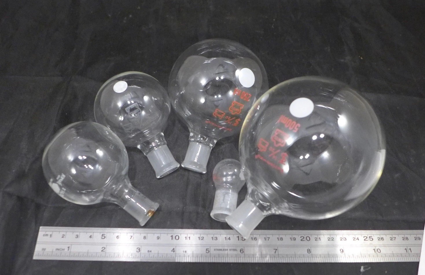 Lot of 5 || KIMBLE Kimax Round Bottom Flasks, 5ml to 500ml, ST 14/20 joints