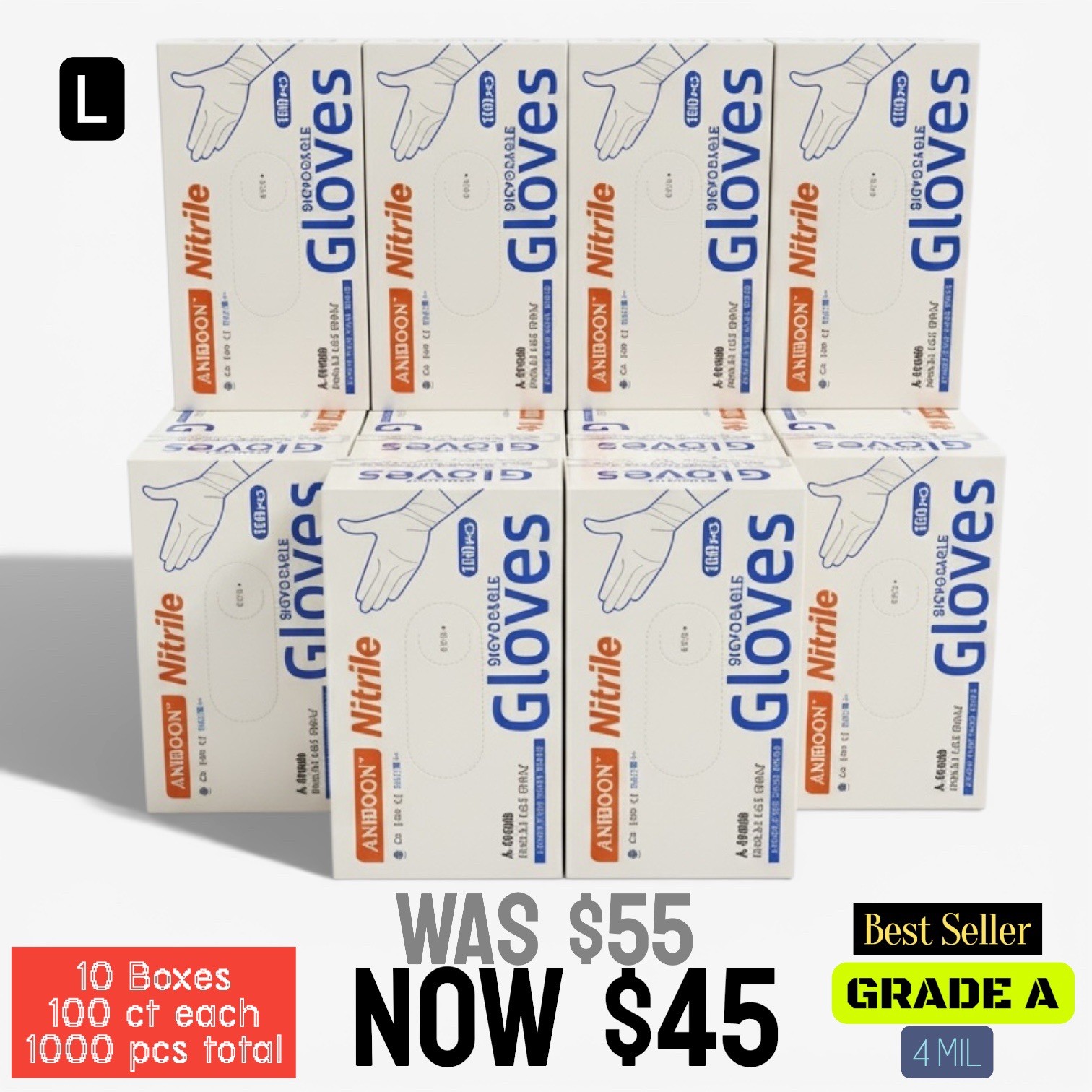 1000pcs (1 Case, 10 Boxes of 100ct) 4 Mil Grade A ISO Nitrile Gloves Large Size