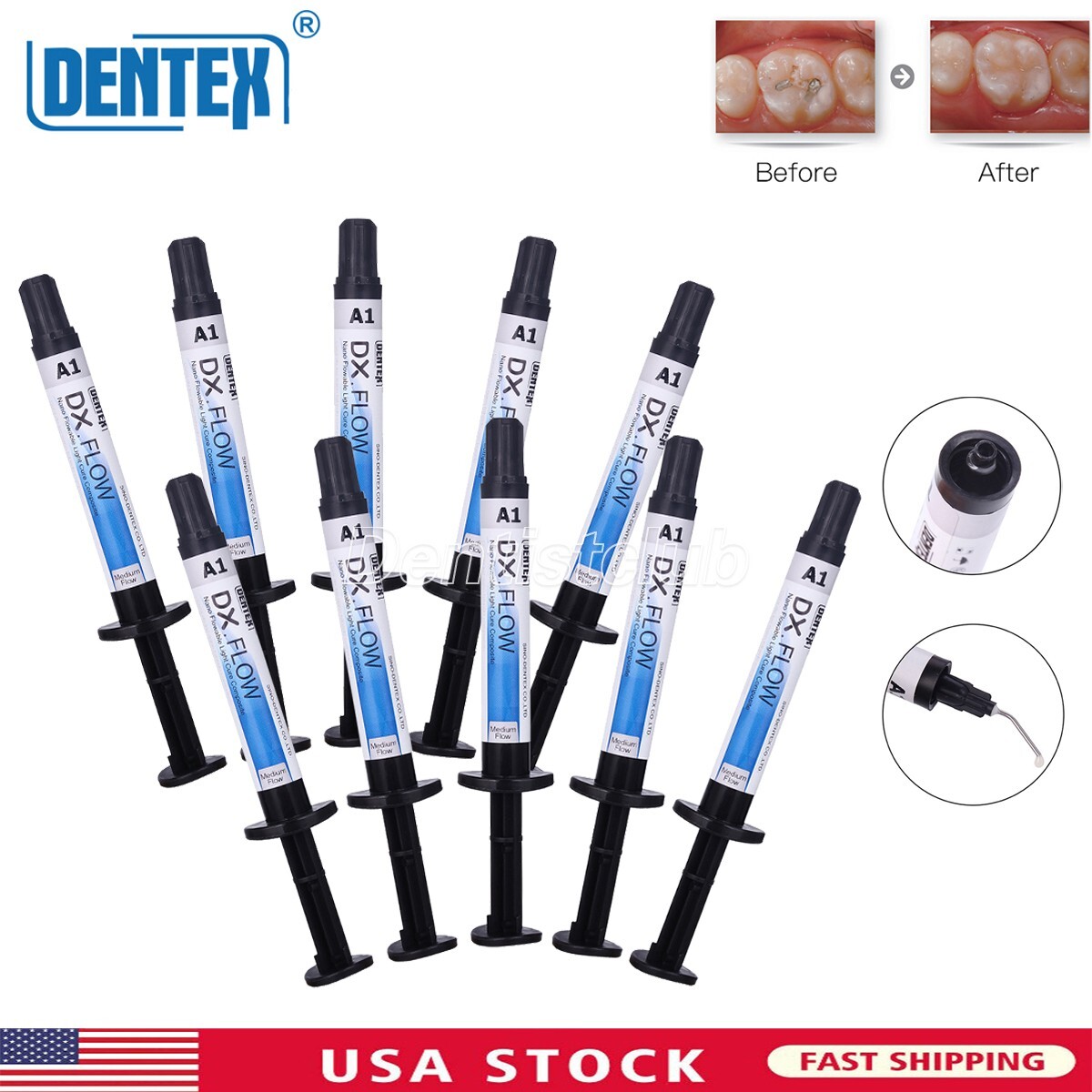 10X Dentex Dental Flowable Light Cure Composite Resin Medium Flow A1 3g/Syringe