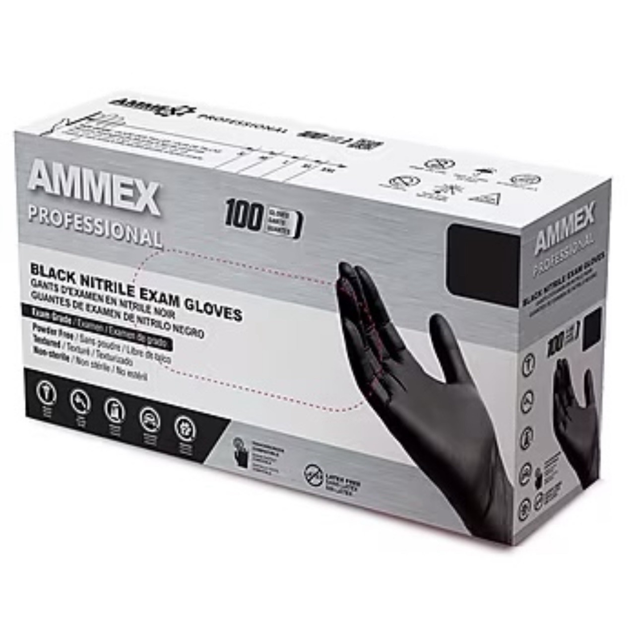 Ammex Professional Powder Free Nitrile Exam Gloves, Latex Free, M, Black, 100 CT