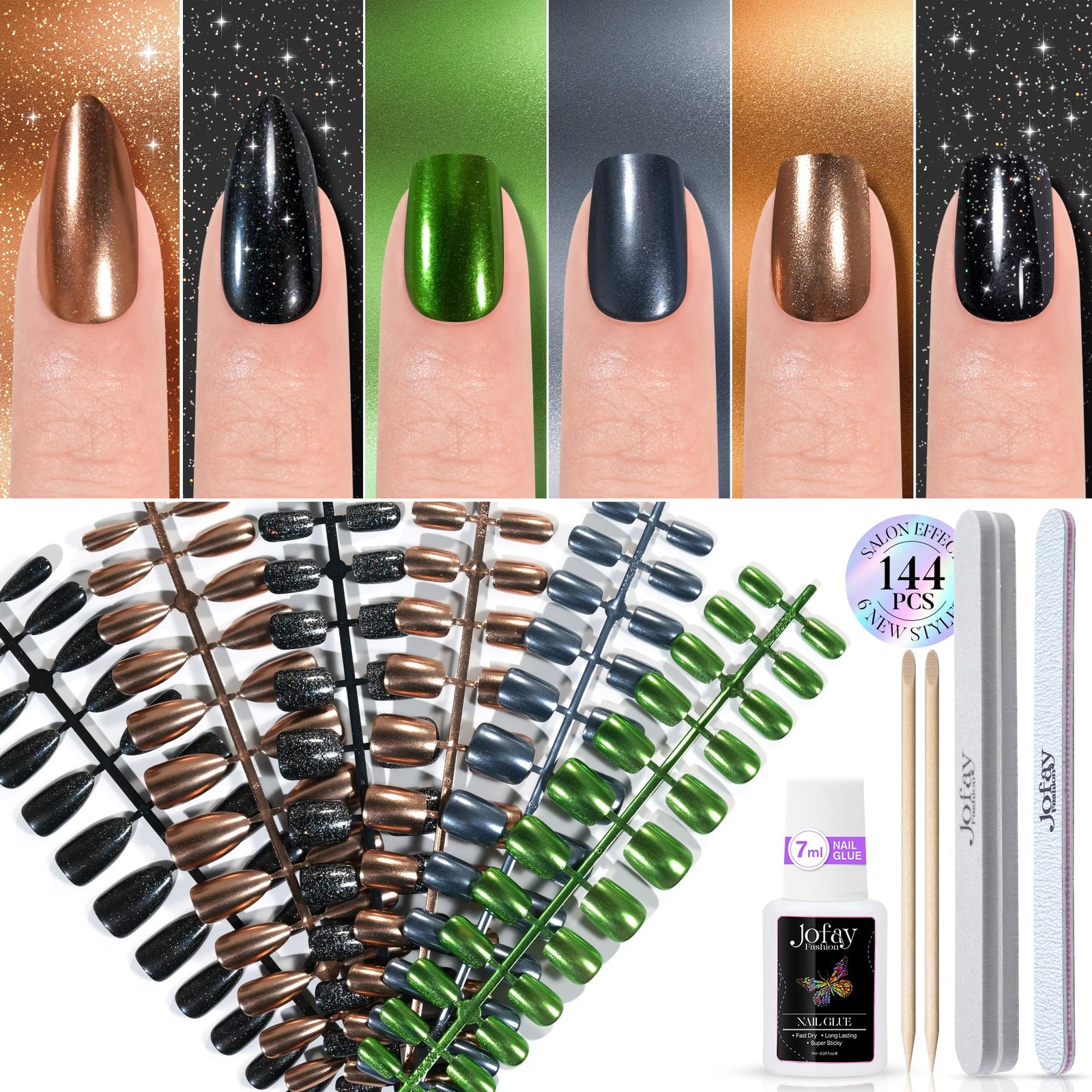 Jofay Chrome Press-On Nails Short – 6 Styles, 144Pcs Salon-Like Mirror Metal