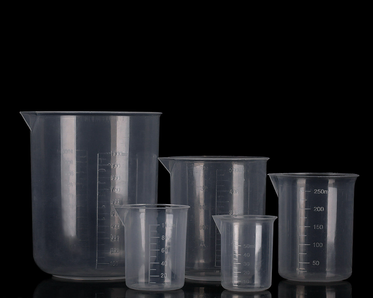 Labs Plastic Beakers Set Measuring Cups – 5 Sizes – 50, 100, 250, 500 and 1000ml