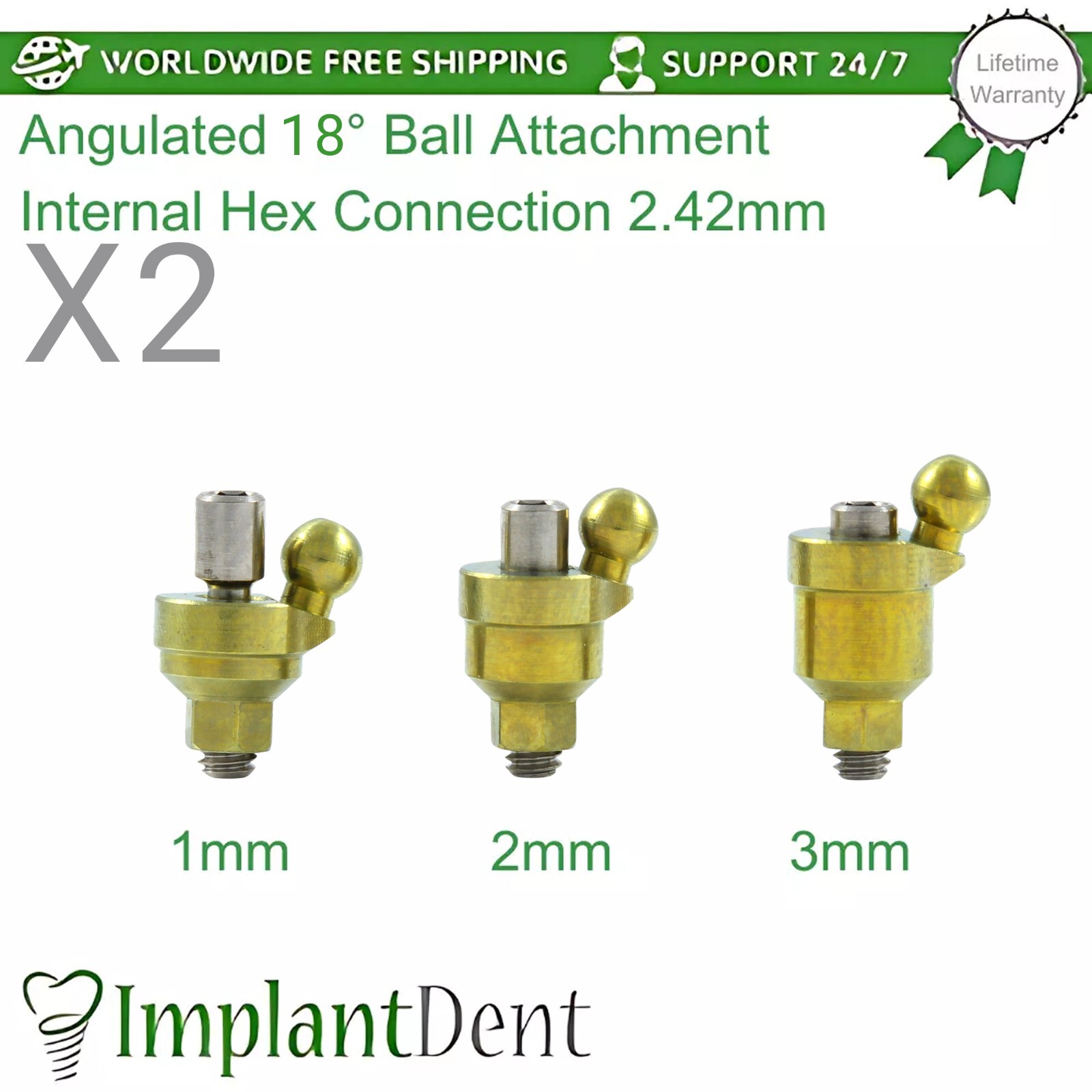 2x Angulated 18° Ball Attachment Titanium Dental Lab Int Hex Connection 2.42mm