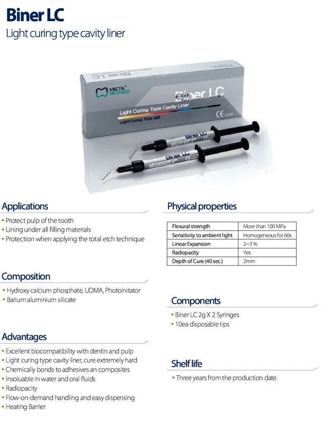 Dental BINER LC Light Curing Type Cavity Liner 2 x 2gm Syringe Pack by META
