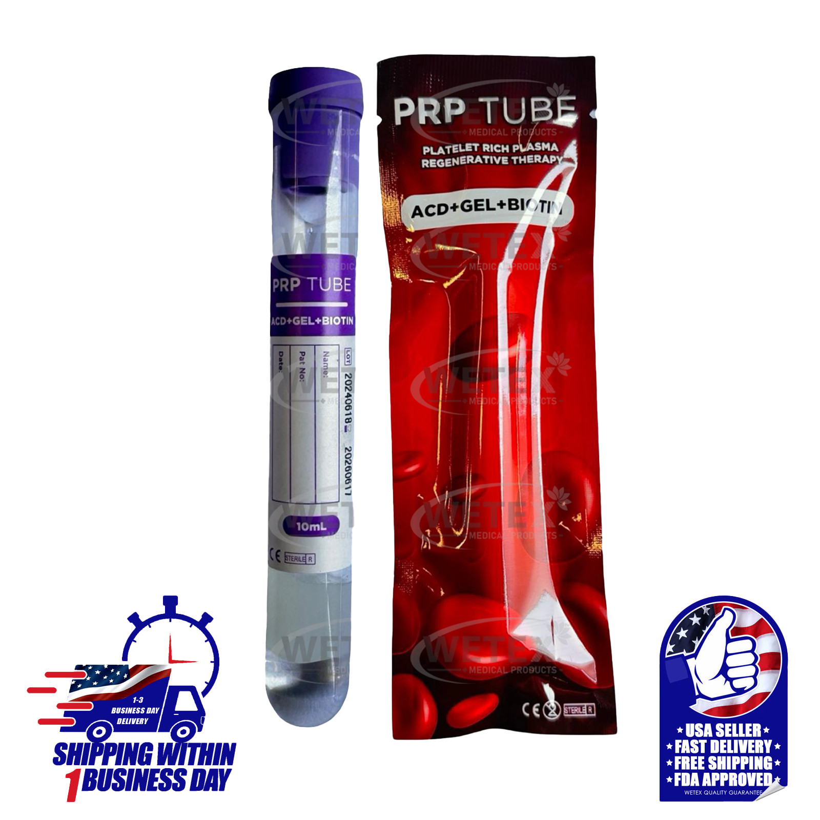 Platelet-Rich Plasma (PRP) Tubes with ACD, Gel Separator, and Biotin. EXP 06/26