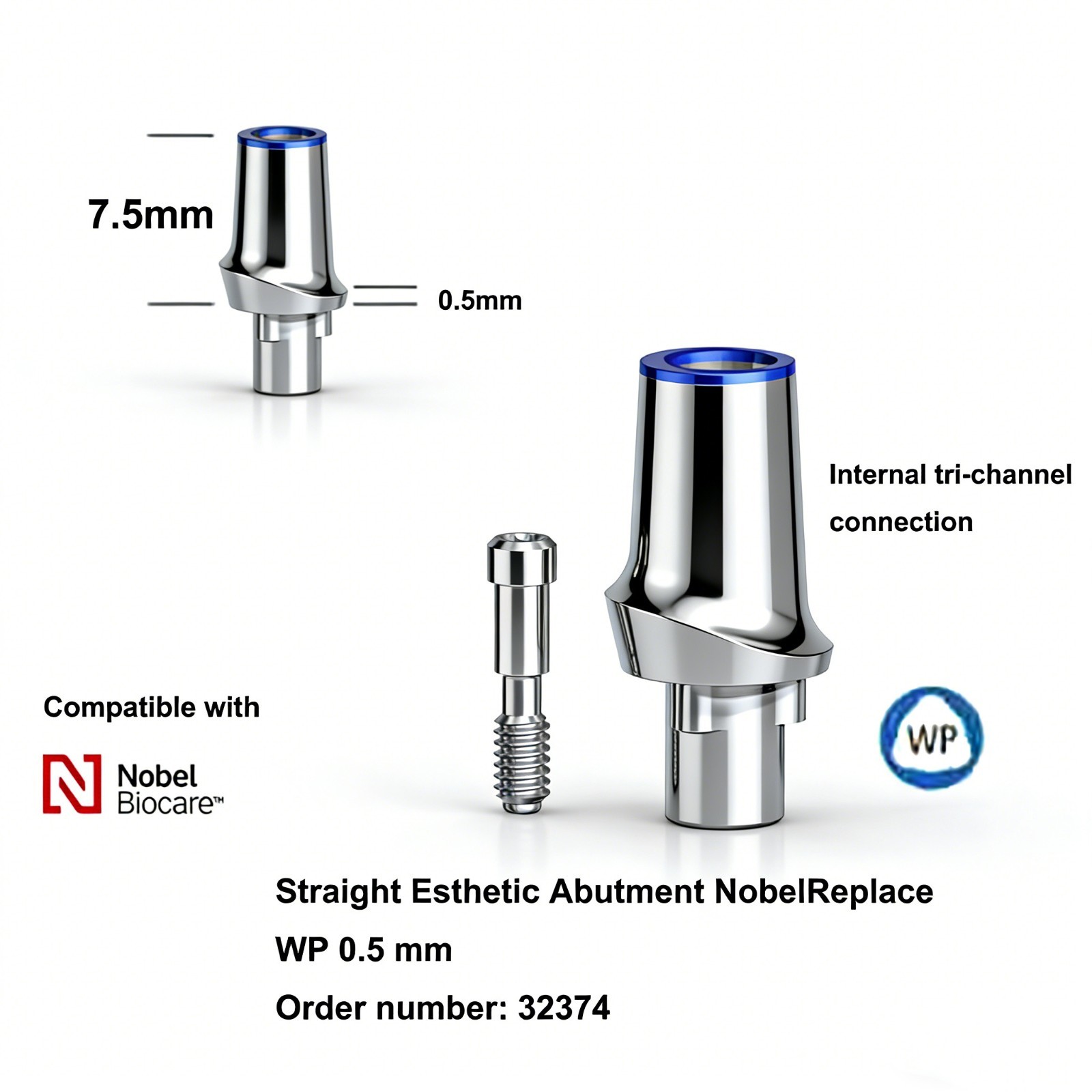 Dental Straight/15° Esthetic Abutment NobelReplace NP/RP/WP/6.0 Inte tri-channel