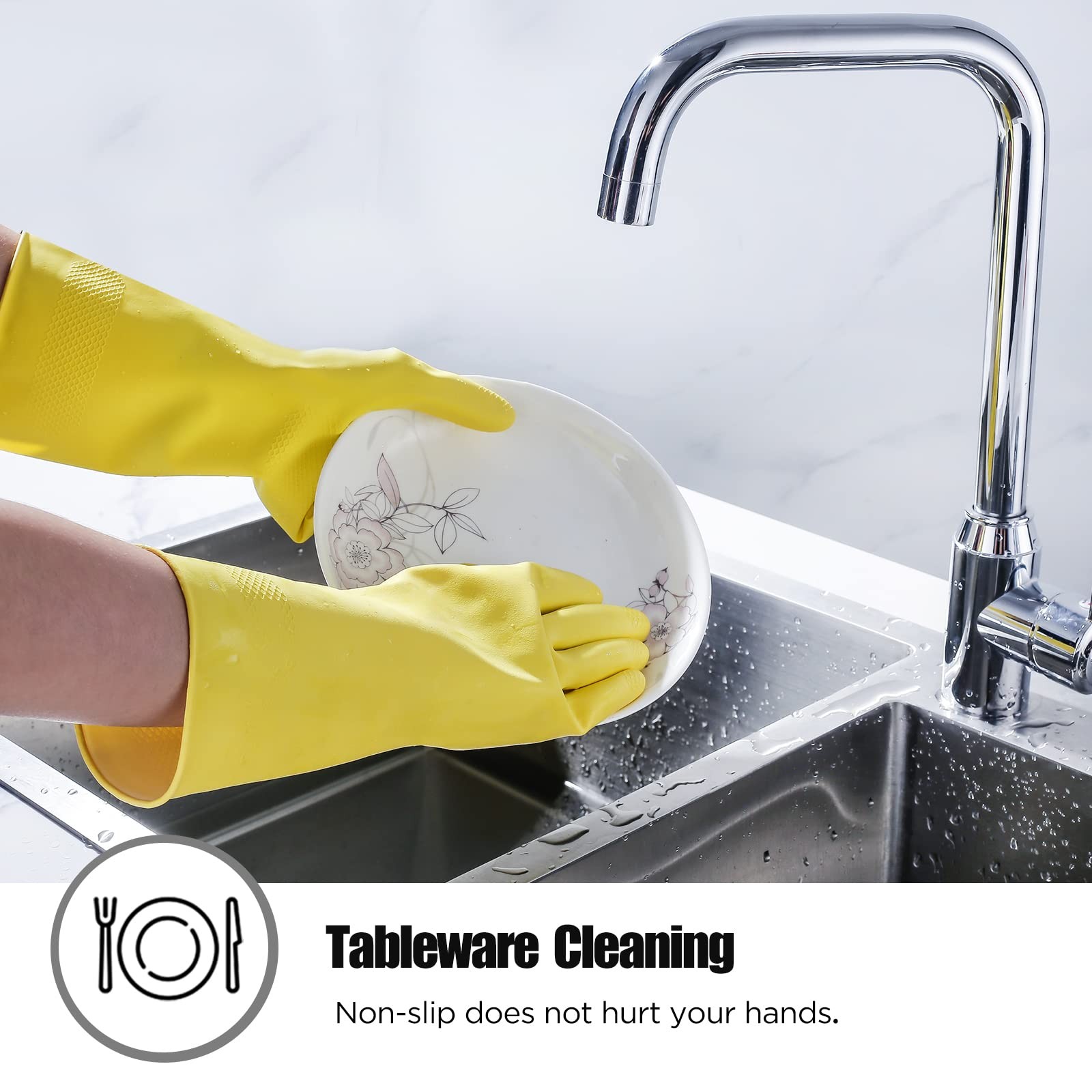 Yellow Rubber Cleaning Gloves, Reusable Dishwashing Gloves, 3 Pairs, Medium