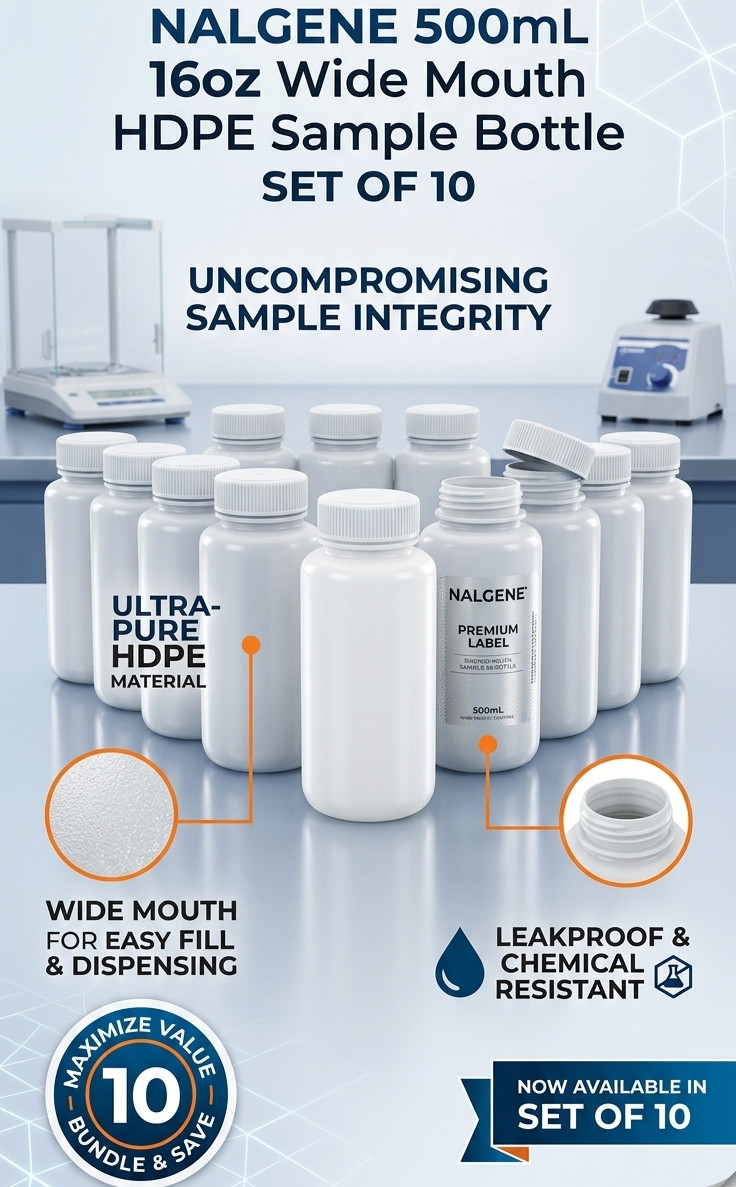 Nalgene 500mL 16oz Wide Mouth HDPE Sample Bottle Set of 10