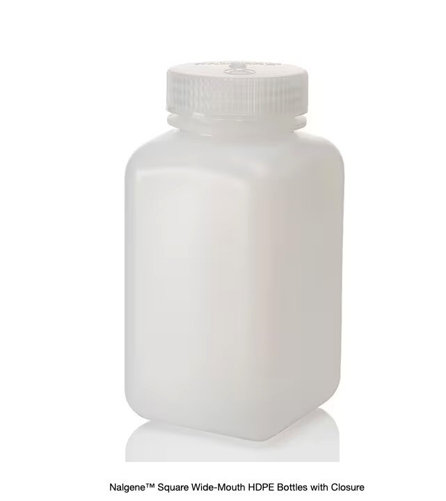 (12/Pk) THERMO NALGENE 500mL Square Wide Mouth HDPE Bottles w/53mm Cap 2114-0016