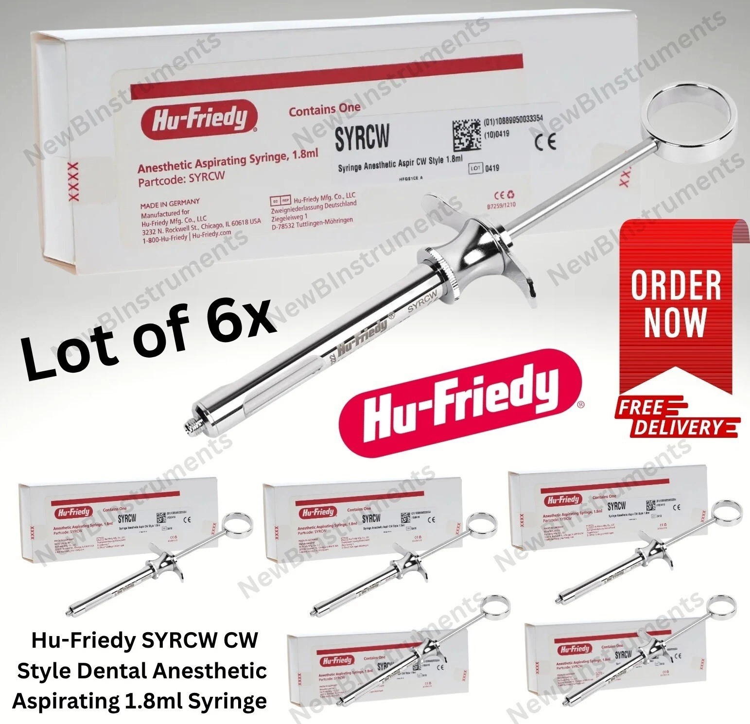 Lot of 6x Hu-Friedy CW Type Dental Anesthetic Aspirating Syringe 1.8ml SYRCW