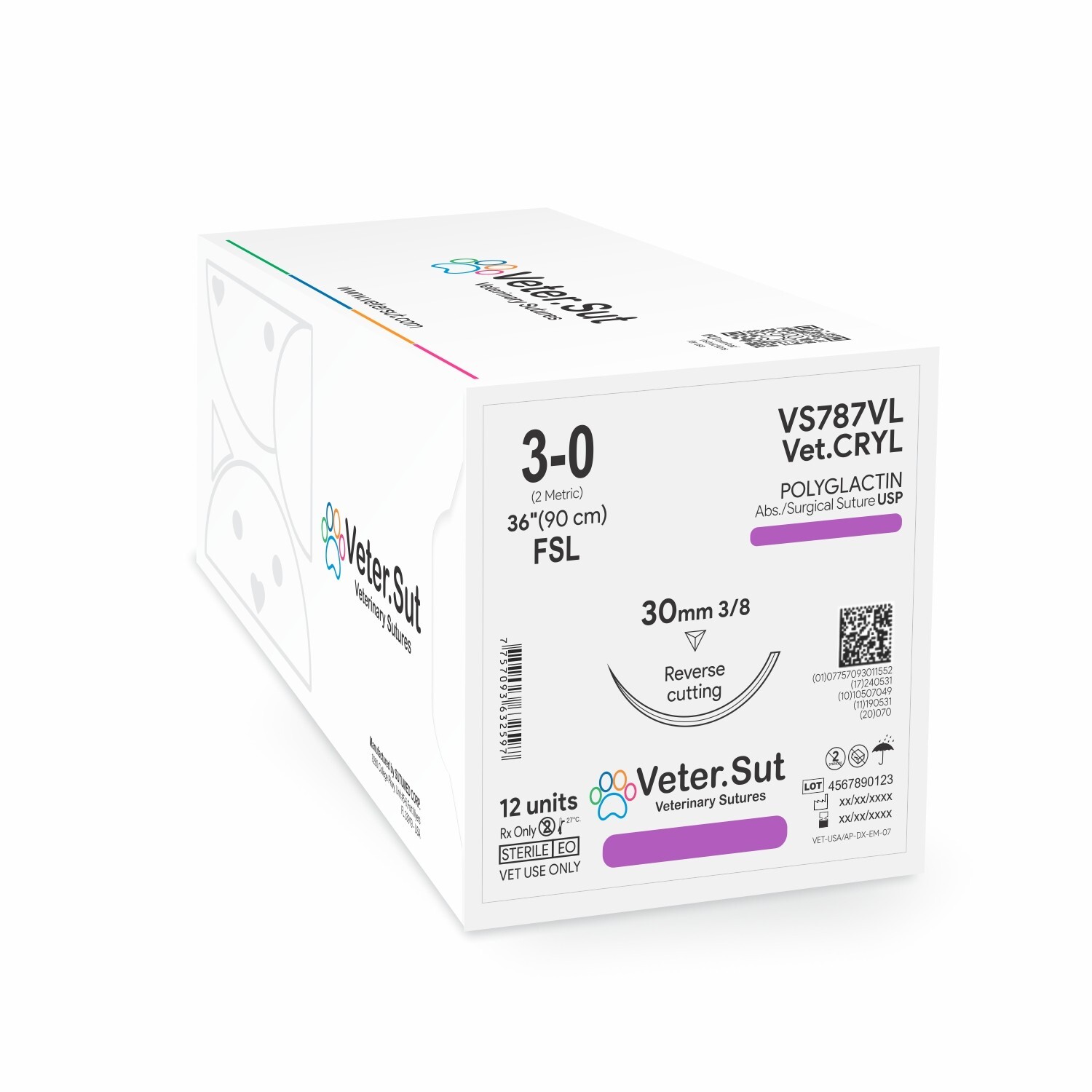 VeterSut Vet-Cryl Polyglactin Suture USP 3-0, 3/8 reverse cutting 30mm Suture