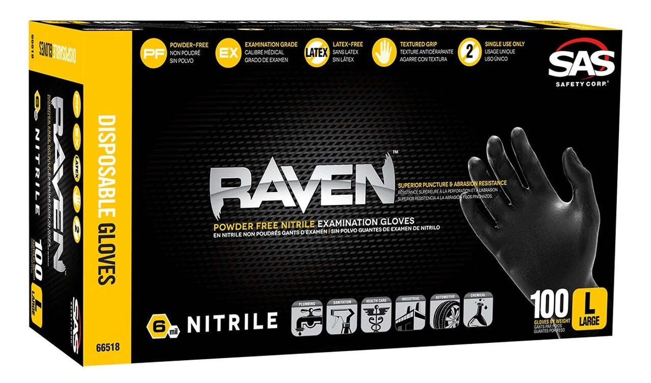 Case of 1000 sas safety 66519 raven nitrile powder-free XL gloves