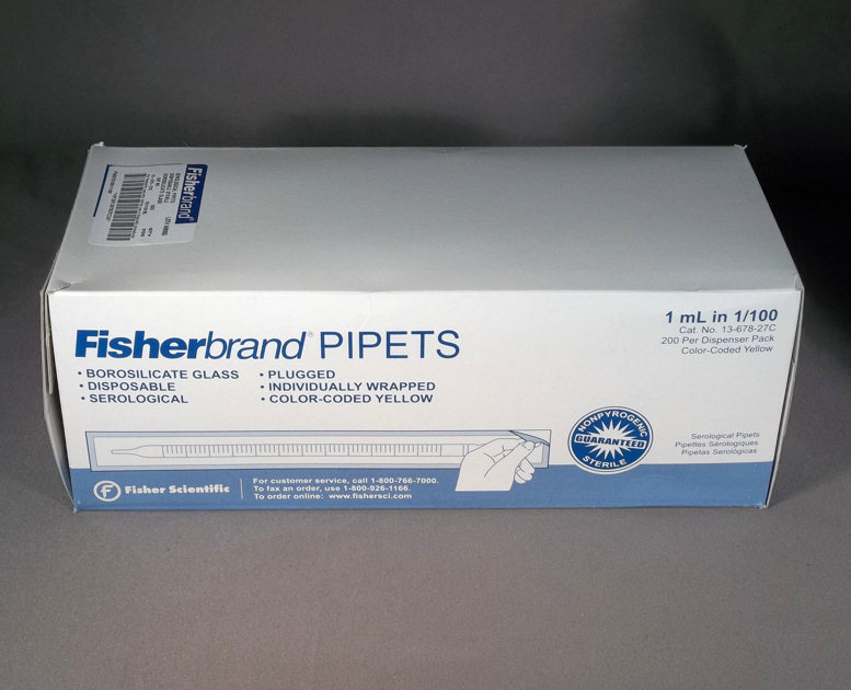 Box 200 Fisherbrand 1 ml Glass Sterile Serologiucal Pipets 13-678-27C
