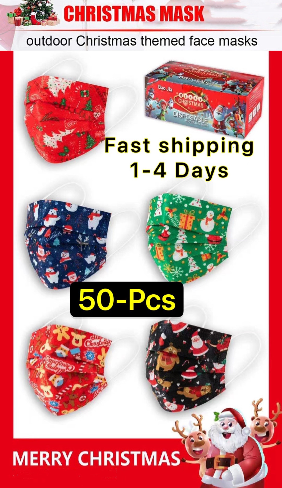 Christmas Holiday （50 PCS）Disposable Face Mask Assorted Adult Mouth Cover