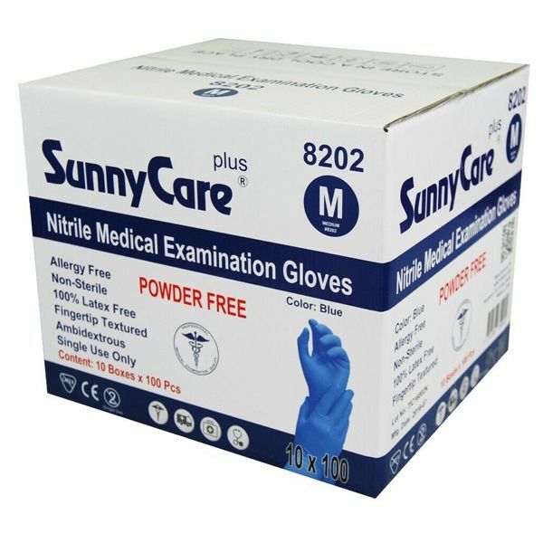 SunnyCare Plus Nitrile Exam Gloves, Medium, Powder-Free, Blue, 1000/Case