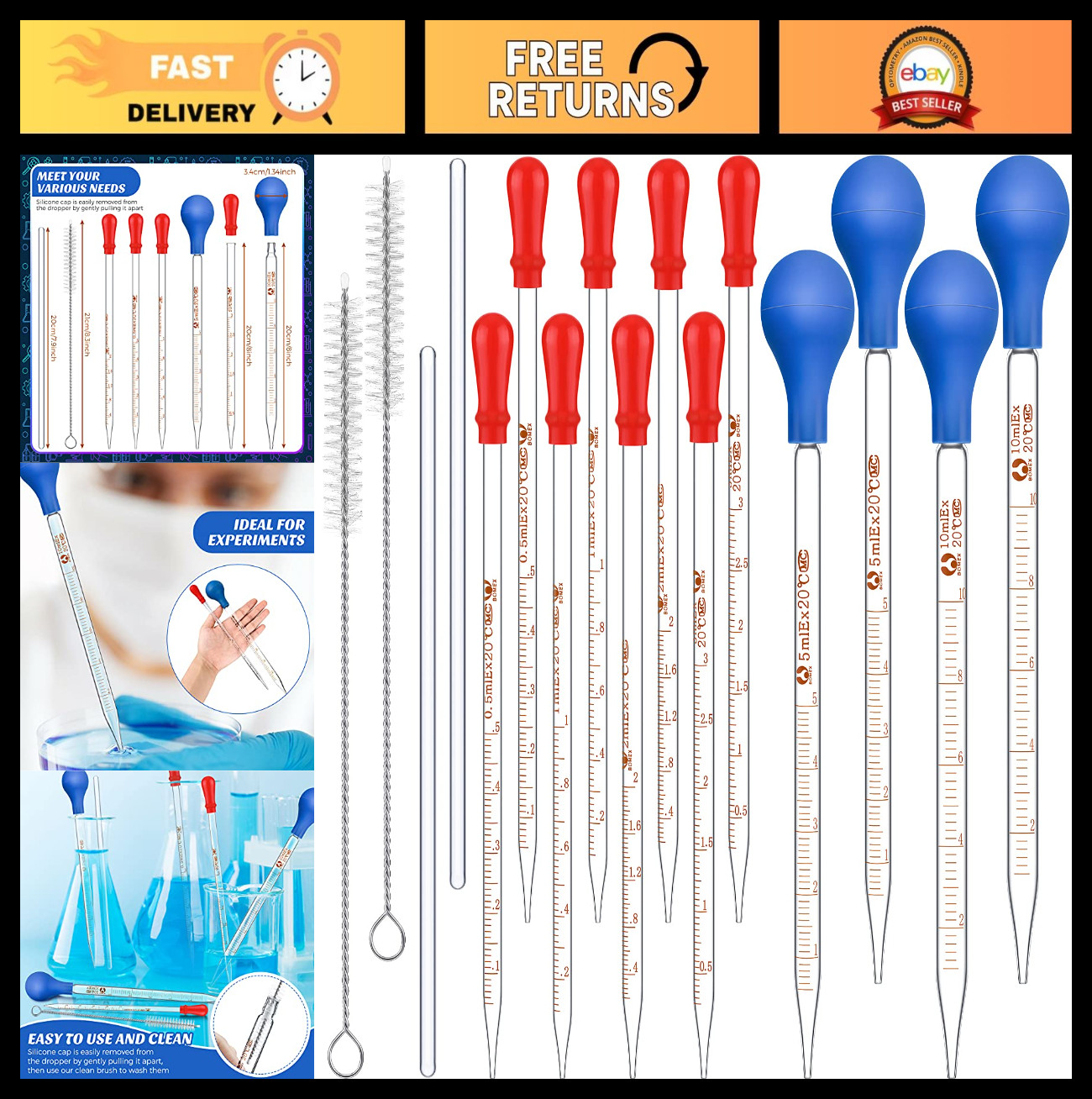 16 Glass Pipettes & 2 Stir Rods – 0.5ml to 10ml Liquid Droppers with Caps & Brus