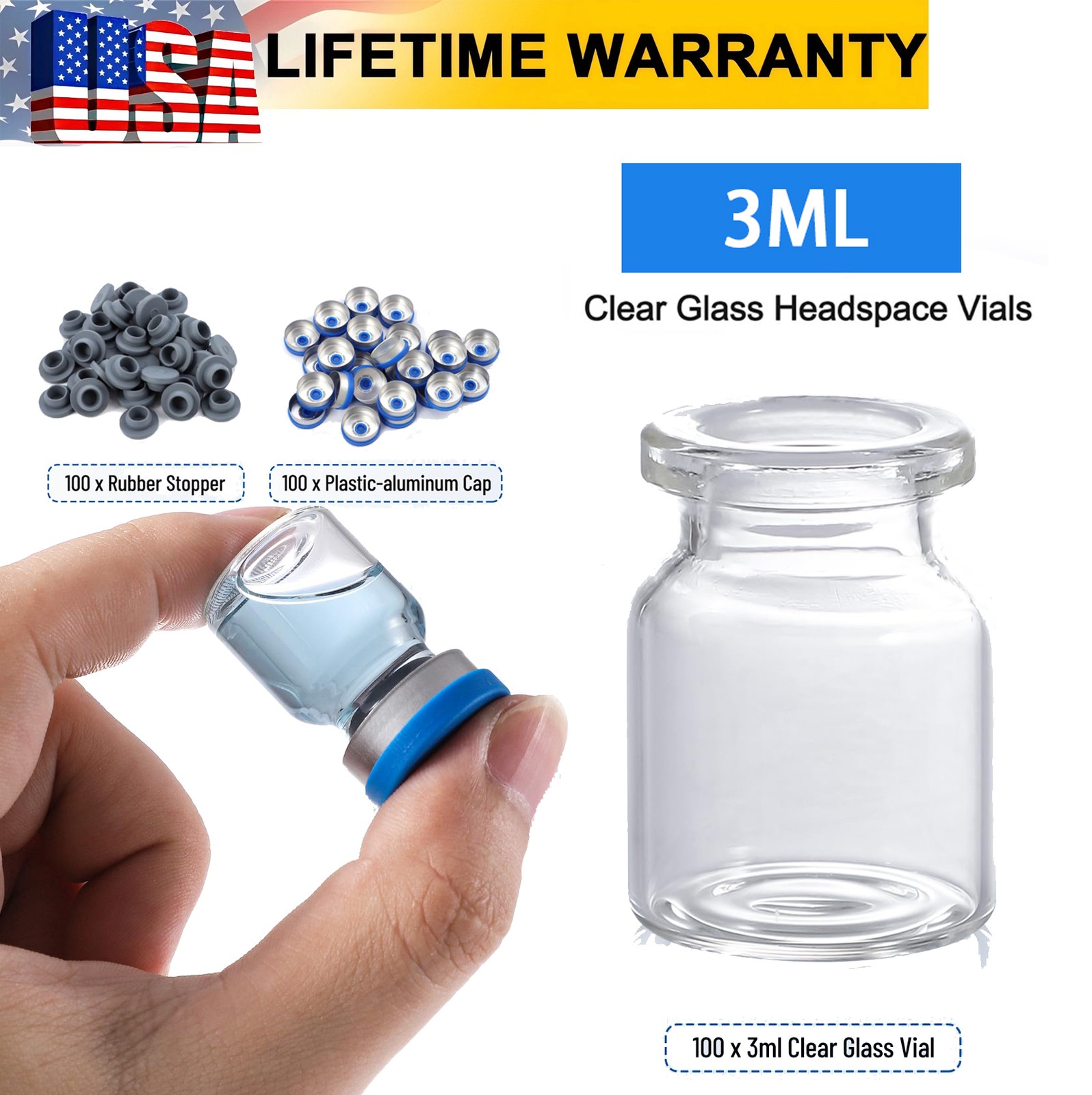 100PCS 3ml Glass Vials Clear Headspace Vials Lab Vials 20mm Crimp top with Caps