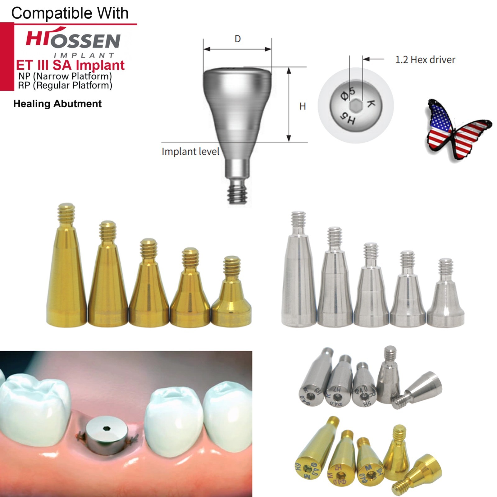 5Pcs Healing Cap Abutment Internal Hex Hiossen & Osstem Mini Regular Cover Screw