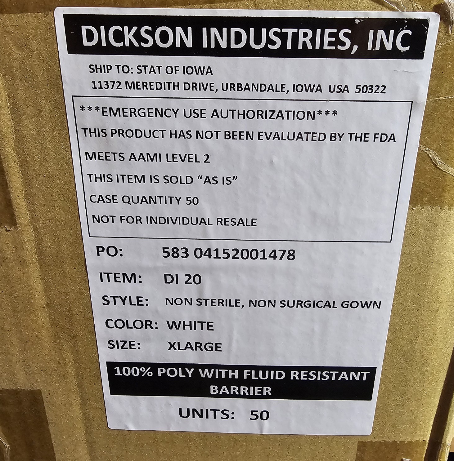 50-Pack Dickson Level 2 Washable Isolation Gowns 100% Poly White XXL Reusable