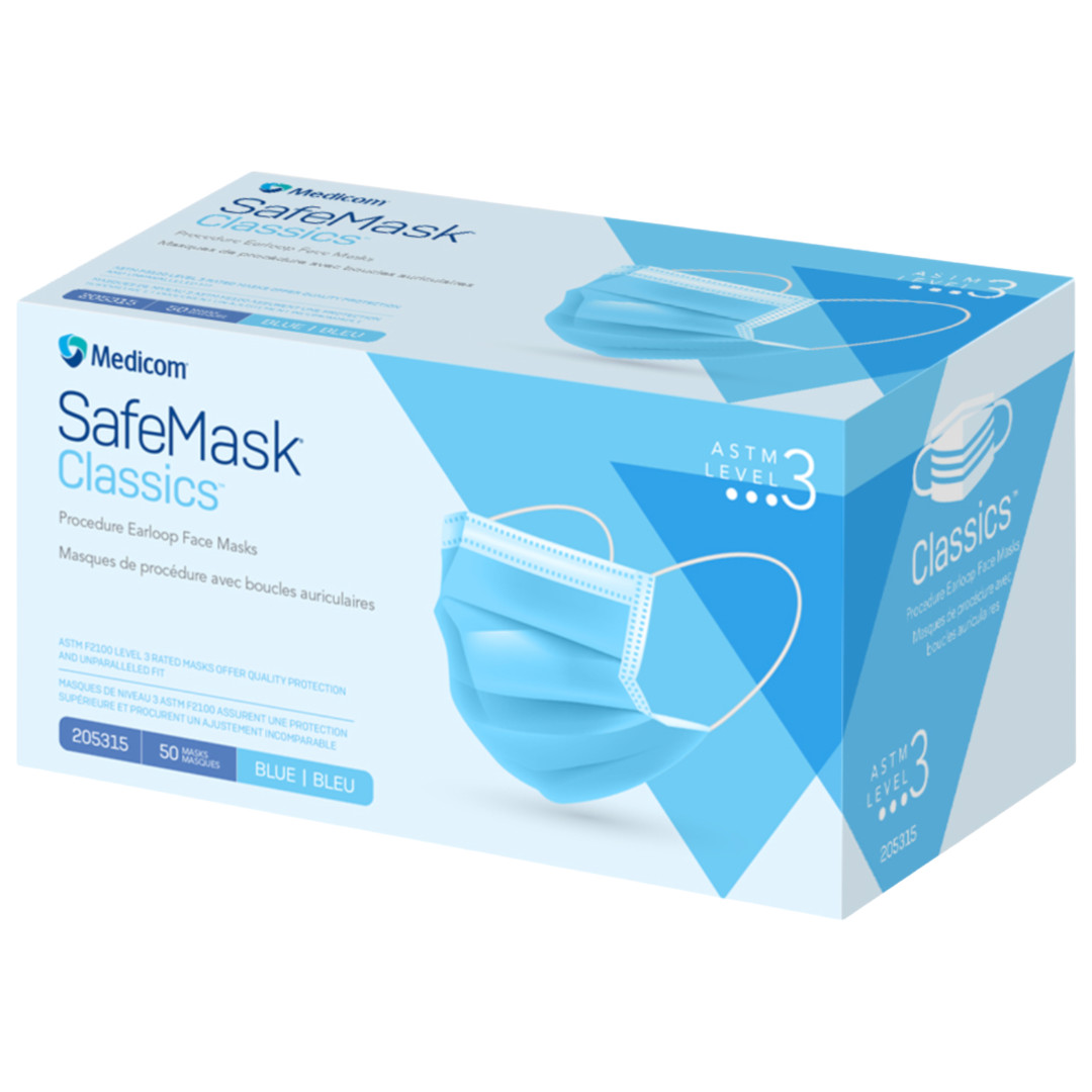 Medicom SafeMask Classic Blue Earloop Face Masks, ASTM Level 3 – Box of 50 Masks