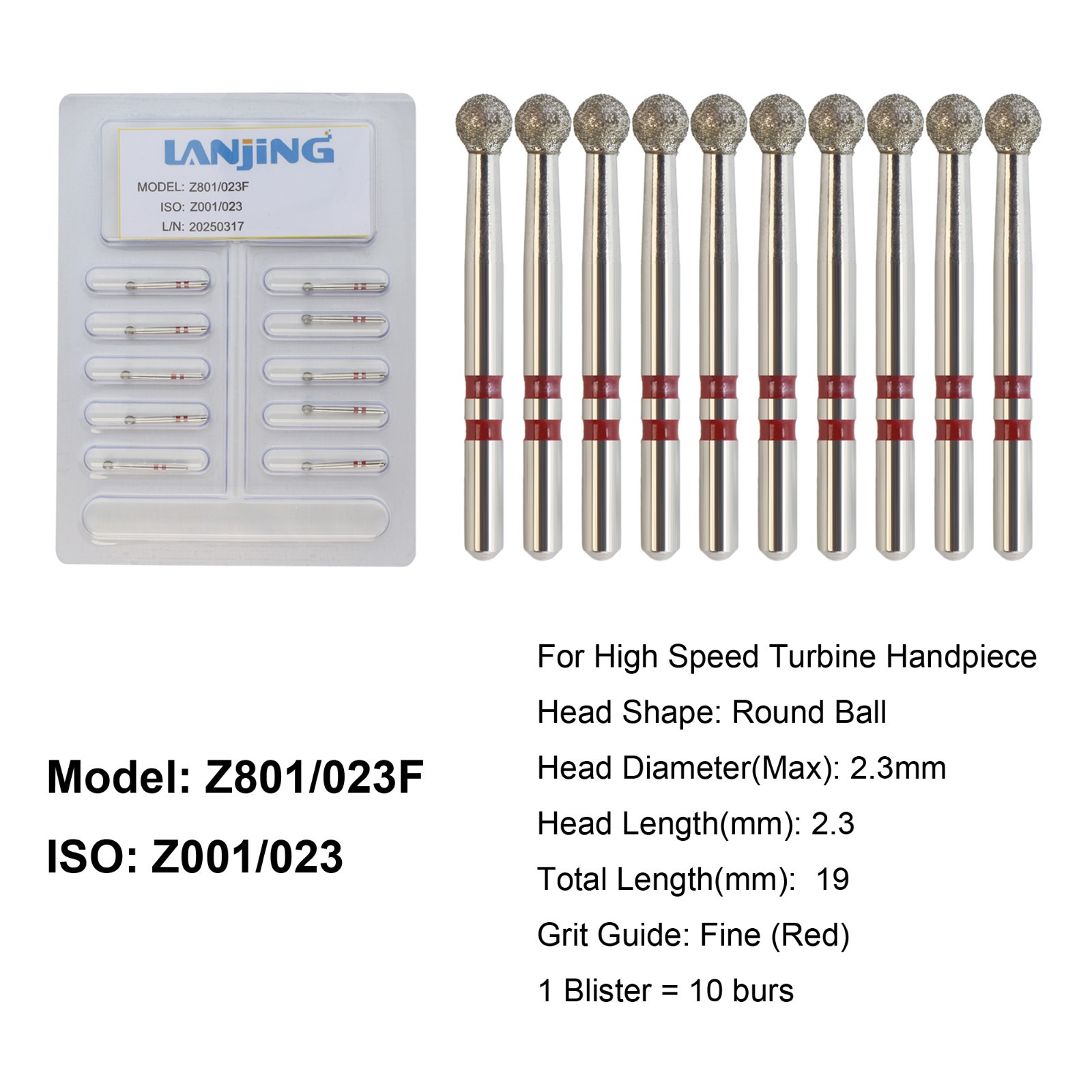Dental Zirconia Diamond Burs FG Round End Taper Football Round Ball Fine Medium