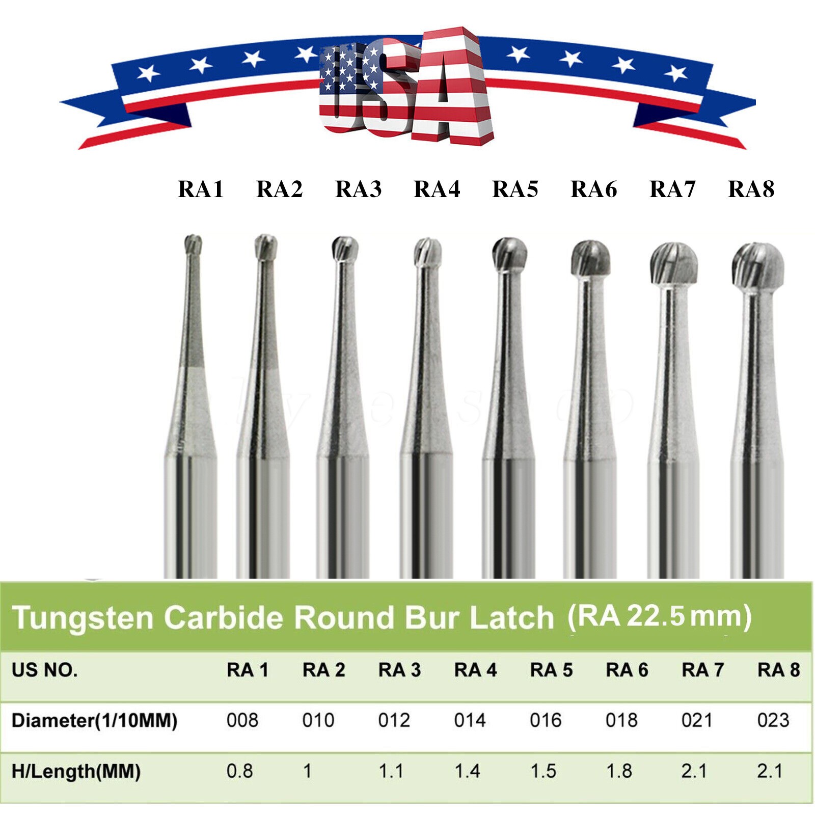 5-100 PCS DENTAL Round Carbide Bur for Slow Speed Latch RA1-8
