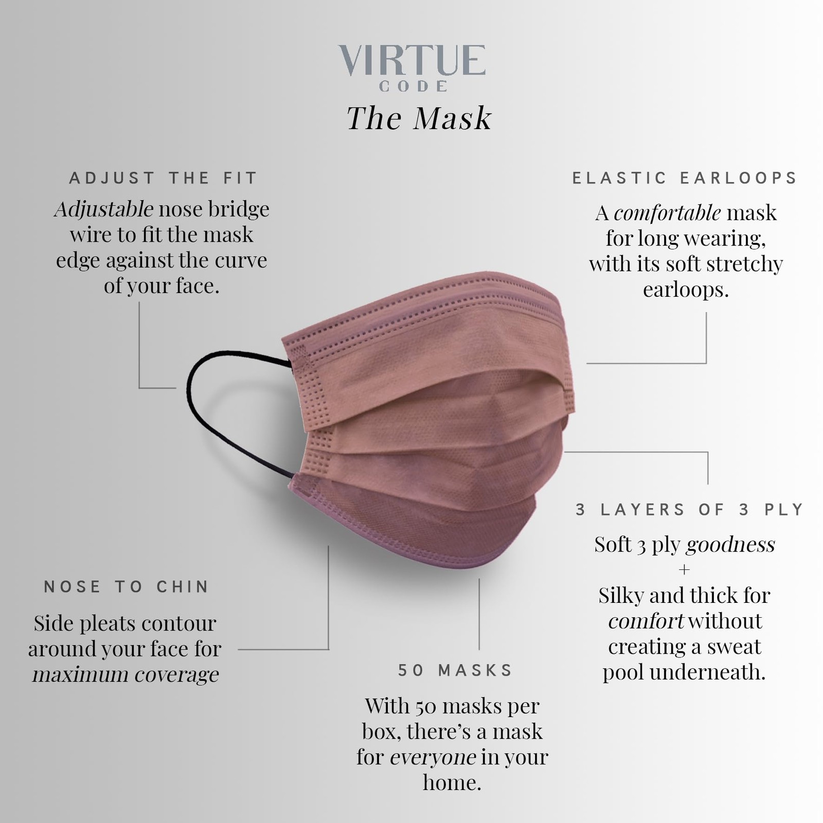 VIRTUE CODE Support Face Masks – Soft 3 Ply 50 Count (Pack of 1), Earth Tones