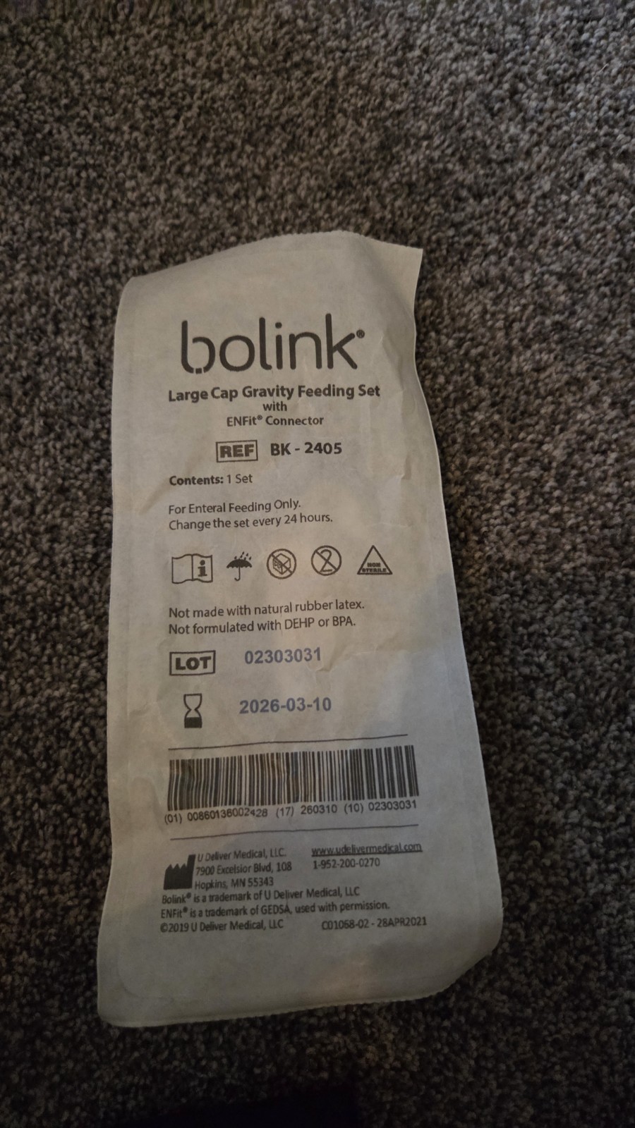 Bolink Large Cap Gravity Feeding Set with ENFit Connector BK-2405 20ct Exp 3/26