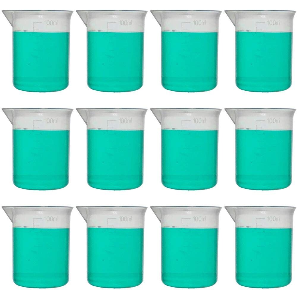 100ml Plastic Beaker, Low Form, Reusable, PP Molded Graduations (Pack of 12)