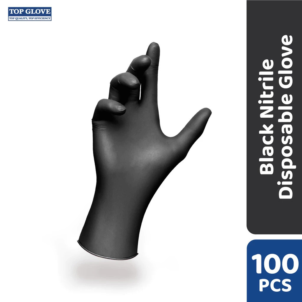 Top Glove Nitrile Disposable Puncture Resistance Powder Free Glove, Black 100s