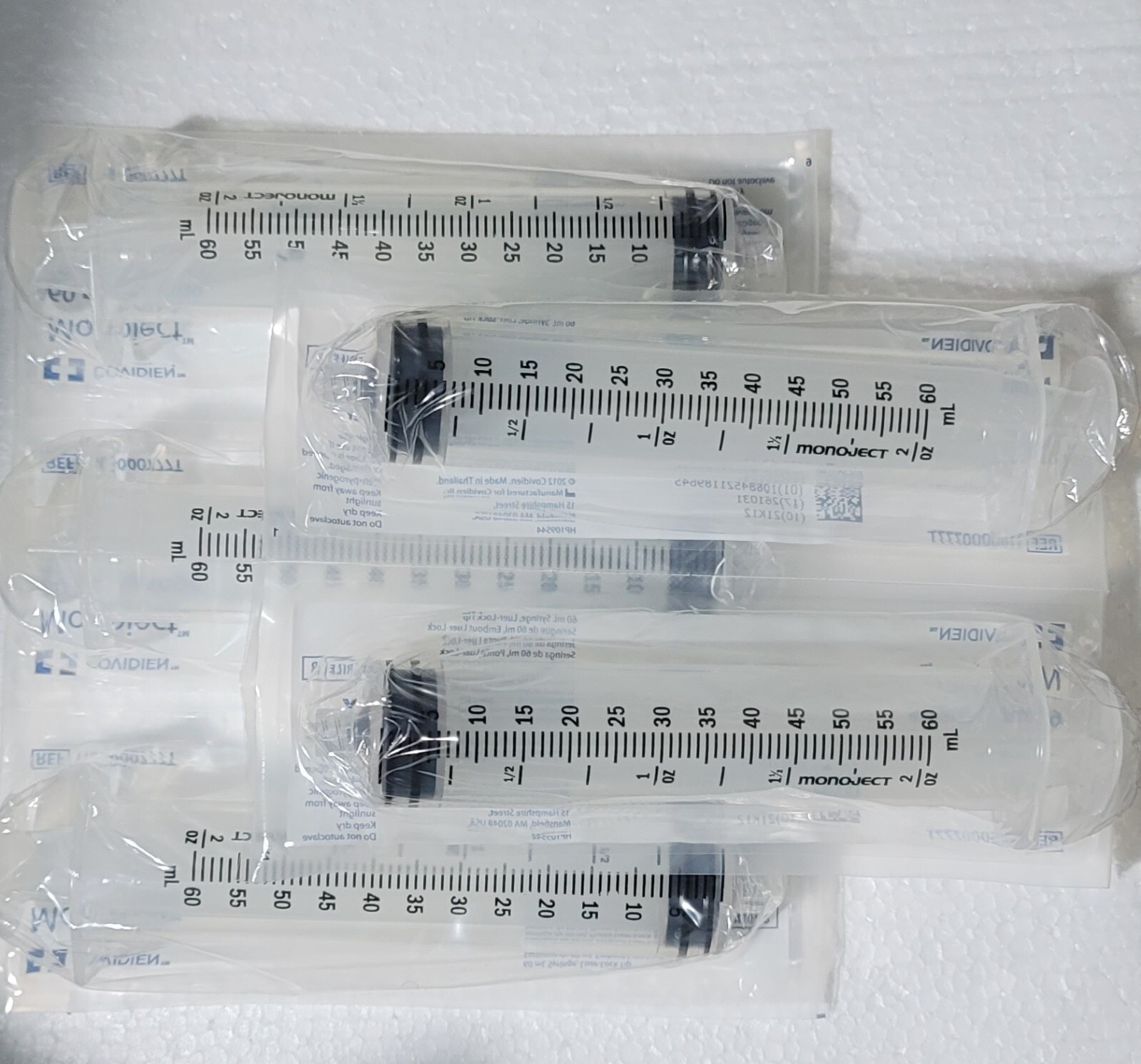 5Pk 60ml Syringe LuerLock Tip – NO NEEDLE – Sterile Covidien 118600777T Monoject