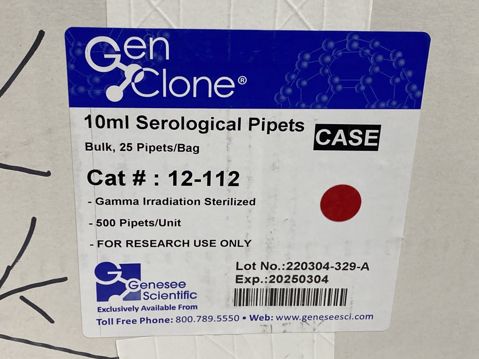 (500/Cs) GENESEE GenClone 10mL Graduated Serological Pipets Plug 25/Bag 12-112