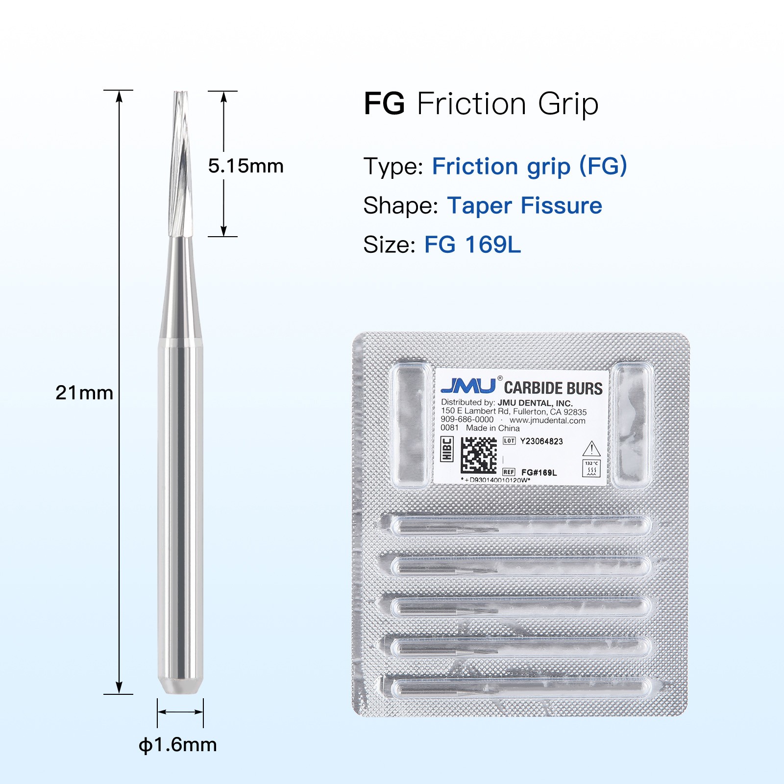 5pc/pk Dental Carbide Burs FG #169L FG #170 Taper Fissure Long Head